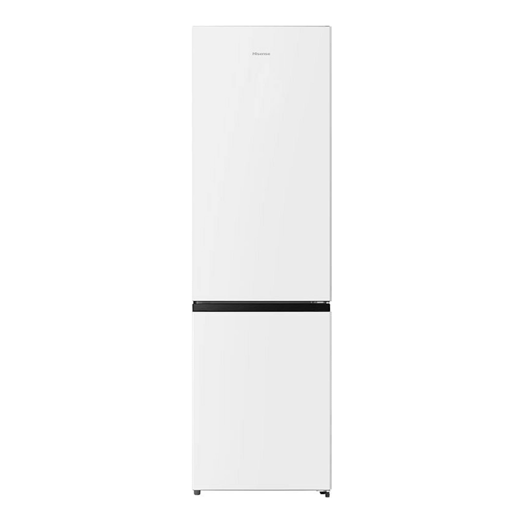 Frigorífico combi Hisense RB440N4BWE blanco, vista frontal, con franja negra central.