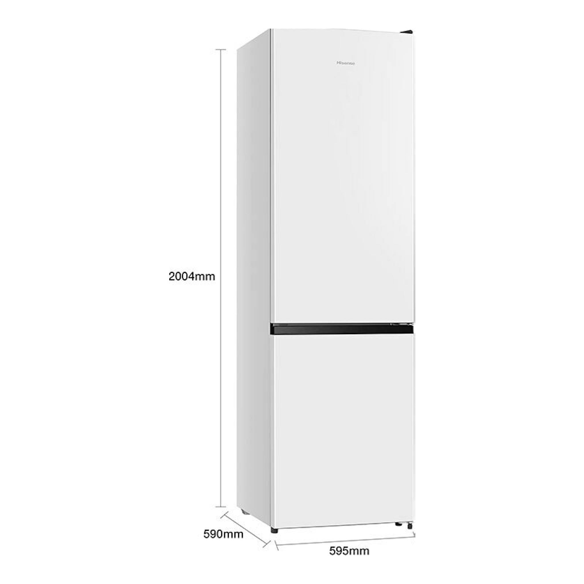 Frigorífico combi Hisense RB440N4BWE blanco, vista frontal en ángulo, 2004 x 595 x 590 mm.