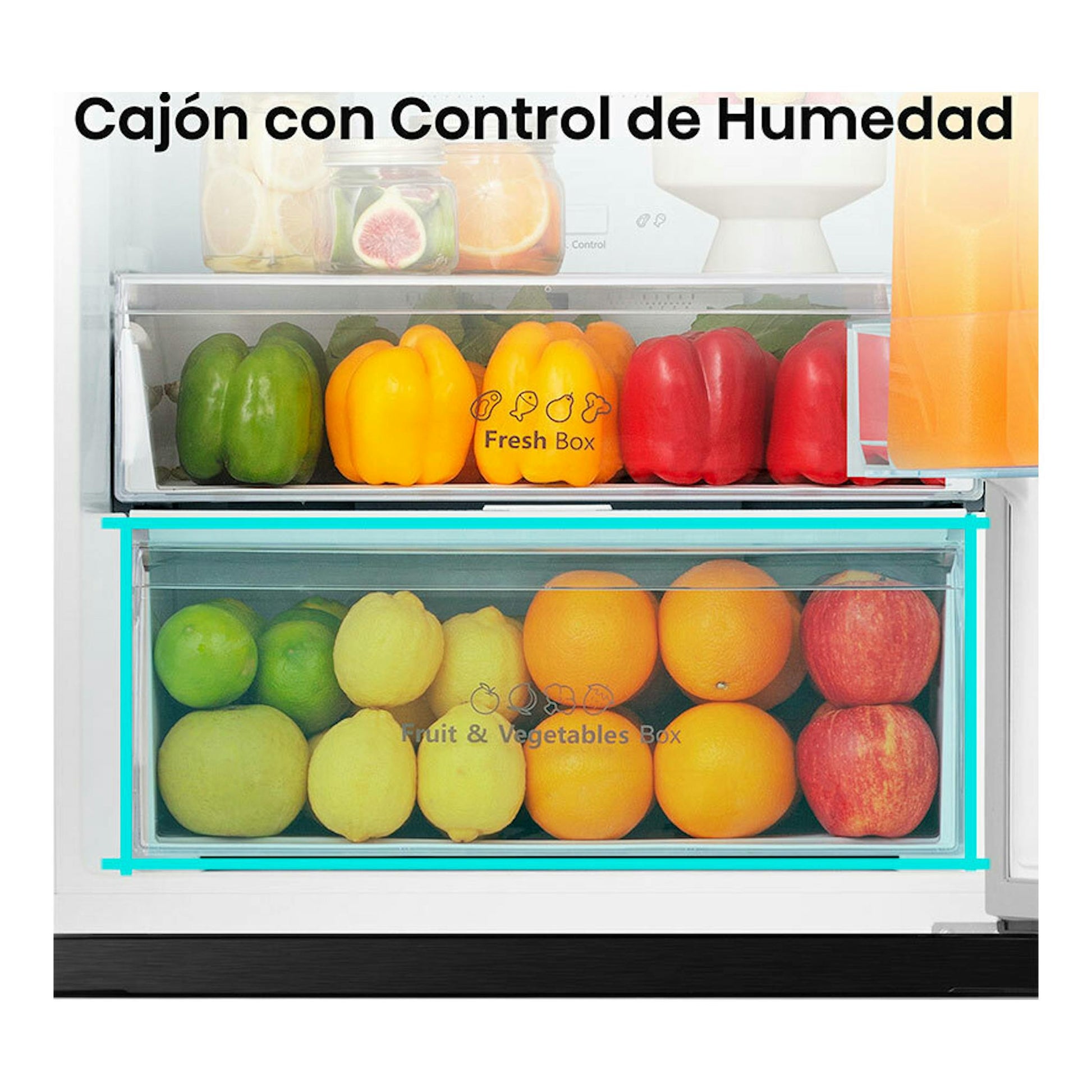 Interior de frigorífico Hisense RB440N4BWE blanco, vista frontal, con cajones de frutas y verduras y control de humedad.