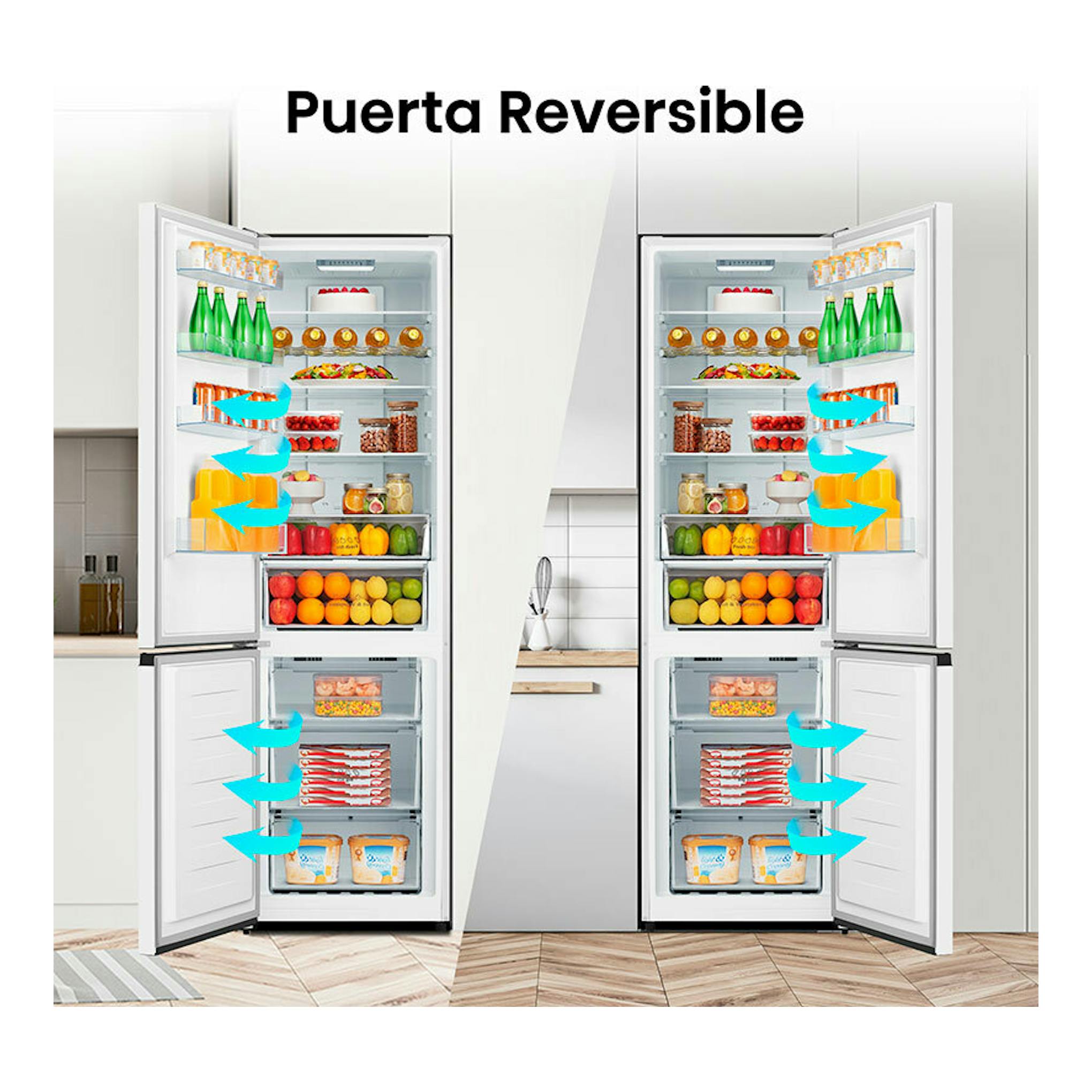 Frigorífico combi Hisense RB440N4BWE blanco, vista frontal con puertas abiertas y reversible.