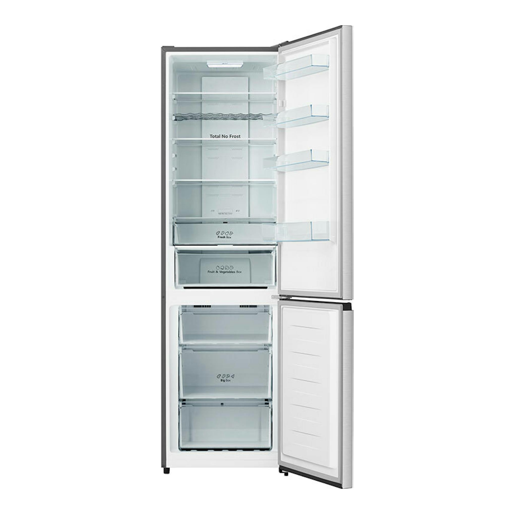 Frigorífico combi Hisense RB440N4CCB inox, vista frontal con puertas abiertas.