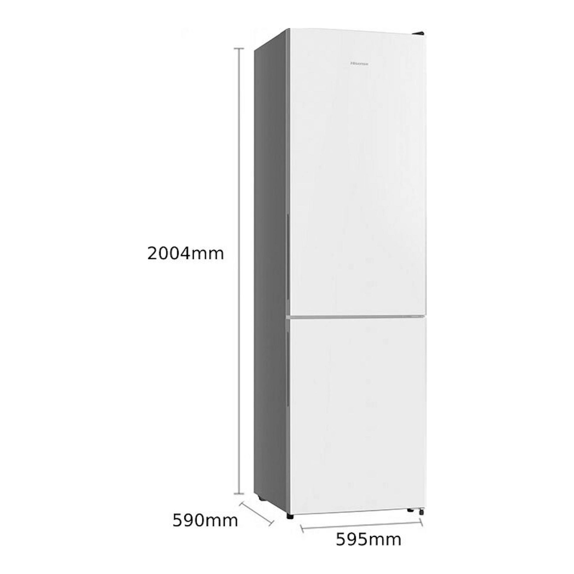 Frigorífico combi Hisense RB440N4GWD blanco, vista frontal en ángulo, con medidas 2004 x 595 x 590 mm.