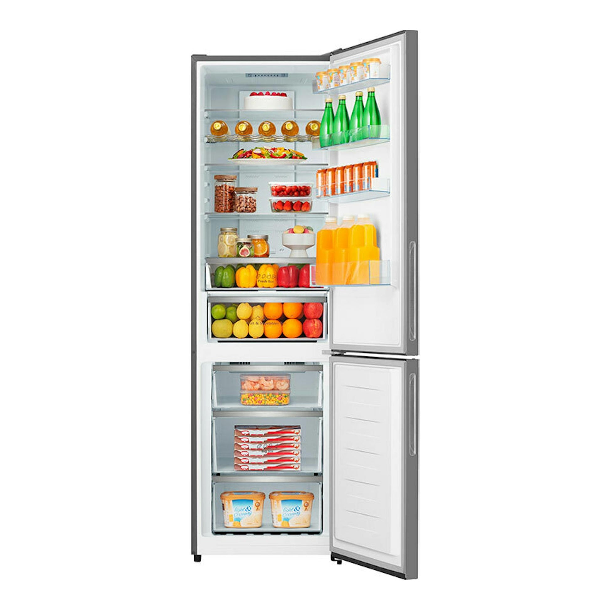 Frigorífico combi Hisense RB440N4GWD blanco, vista frontal abierta, con compartimentos llenos de alimentos.