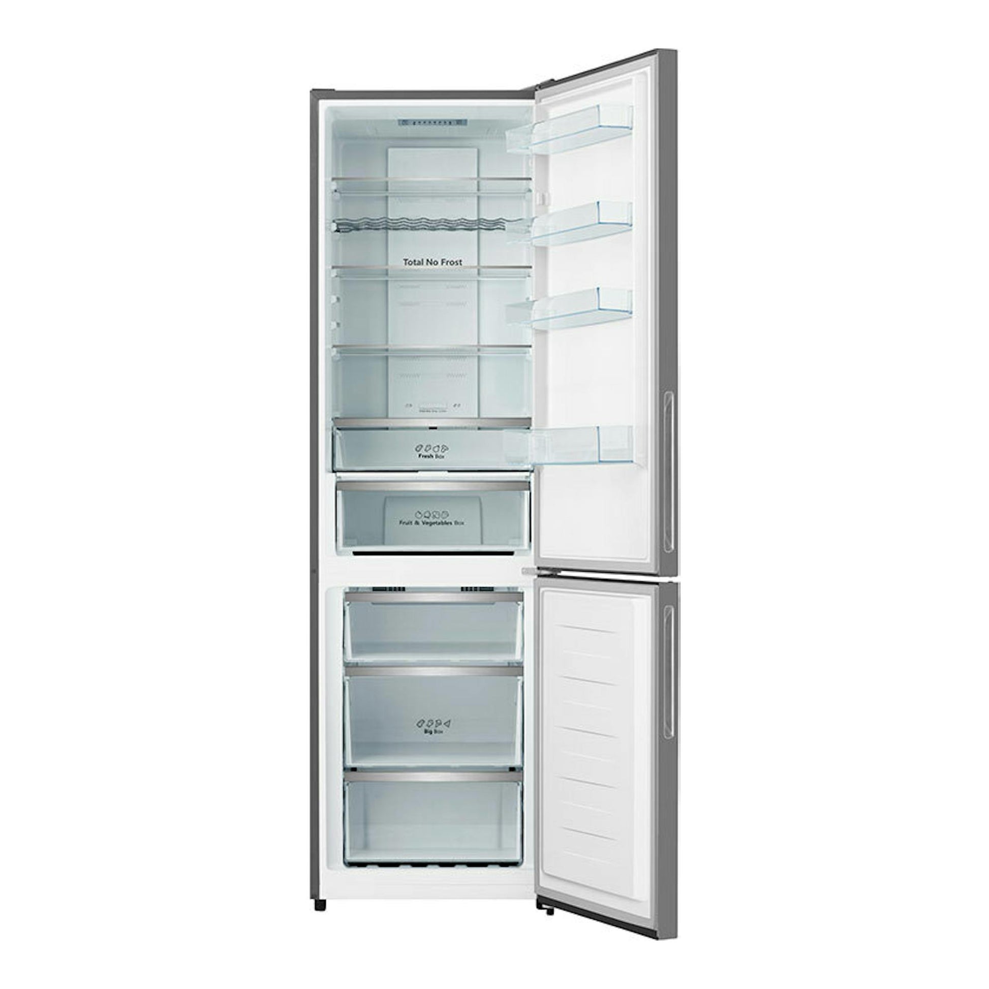 Frigorífico combi Hisense RB440N4GWD en blanco, vista frontal con puertas abiertas y compartimentos interiores visibles.