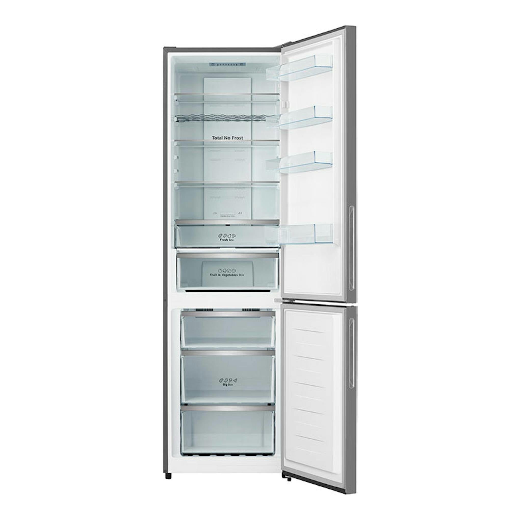 Frigorífico combi Hisense RB440N4GWD en blanco, vista frontal con puertas abiertas y compartimentos interiores visibles.