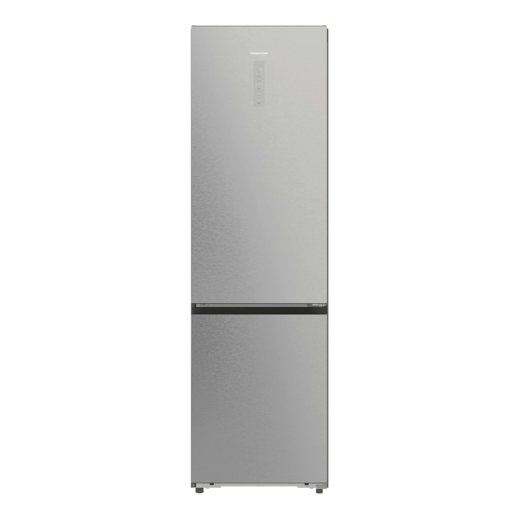 Frigorífico combi Hisense RB5P410SACA en inox, vista frontal, con panel central y puerta inferior.