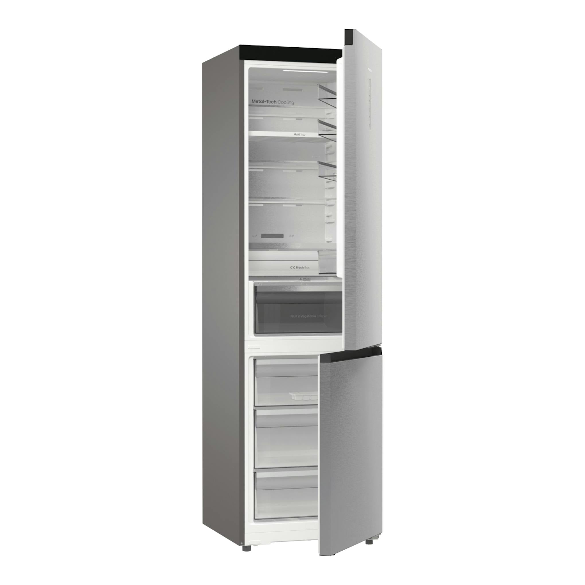Frigorífico combi Hisense RB5P410SACA inox, vista frontal con puertas abiertas e interior visible.