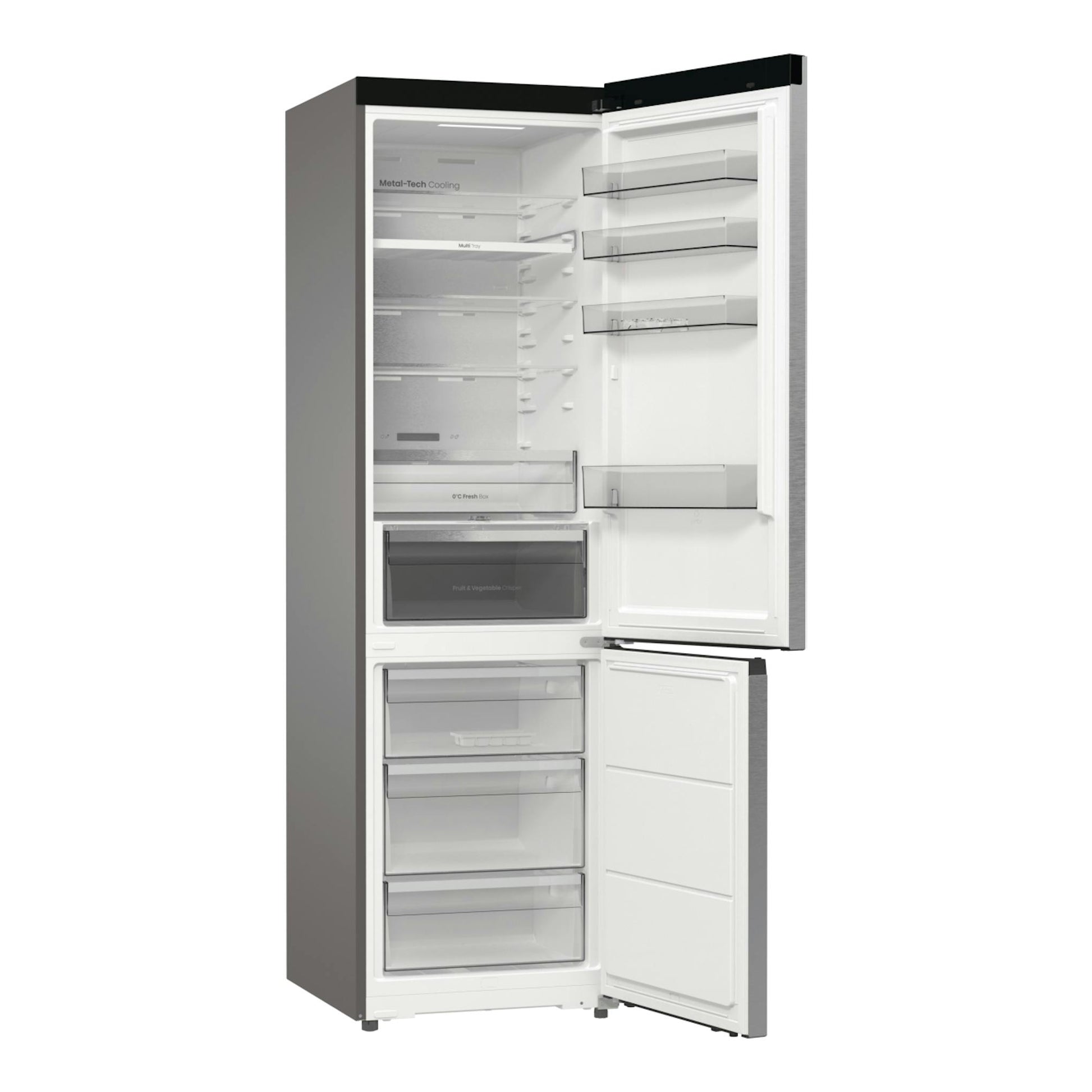 Frigorífico combi Hisense RB5P410SACA en inox, vista frontal, con puertas abiertas y estantes visibles.