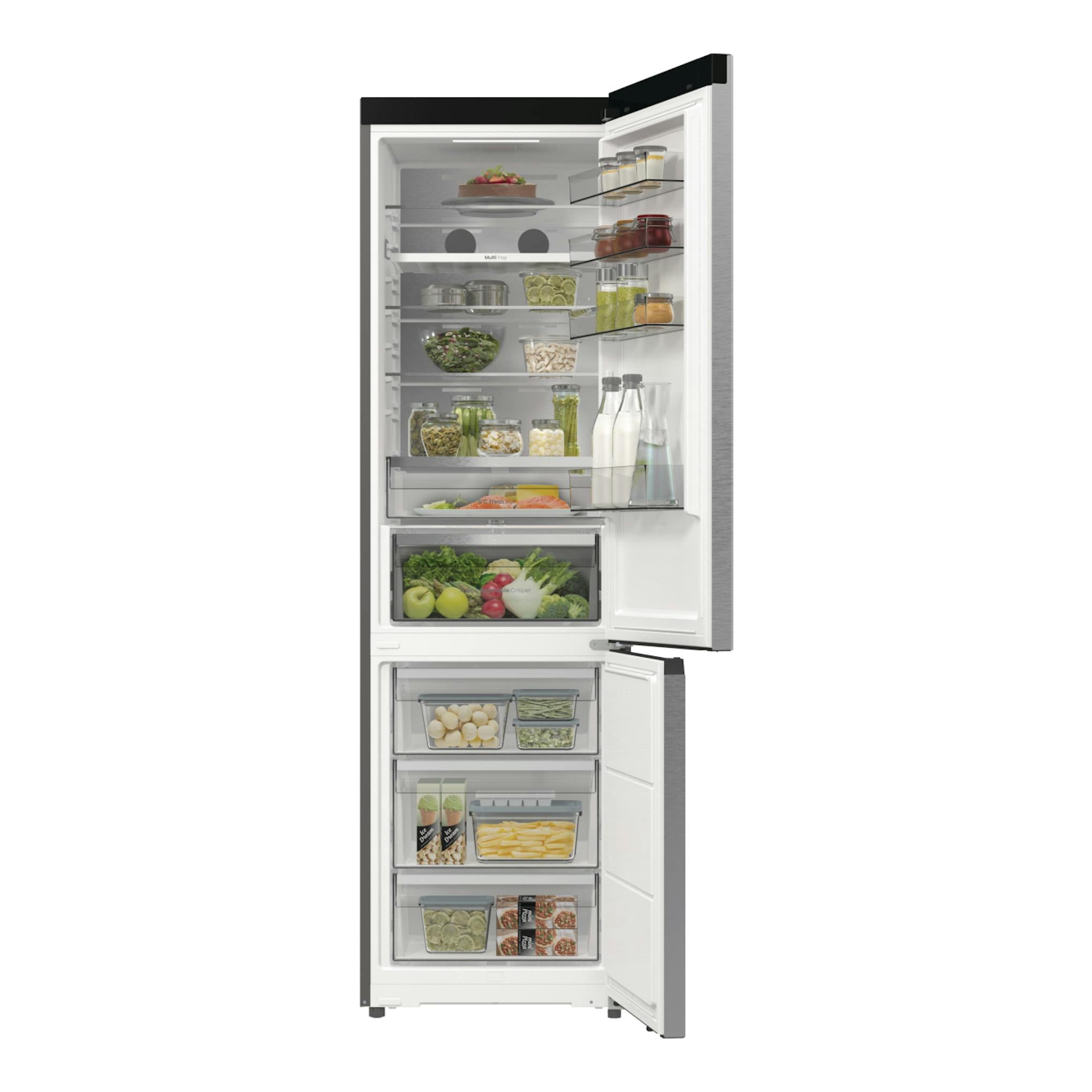 Frigorífico combi Hisense RB5P410SACA en vista frontal, puertas abiertas, blanco con laterales inox.