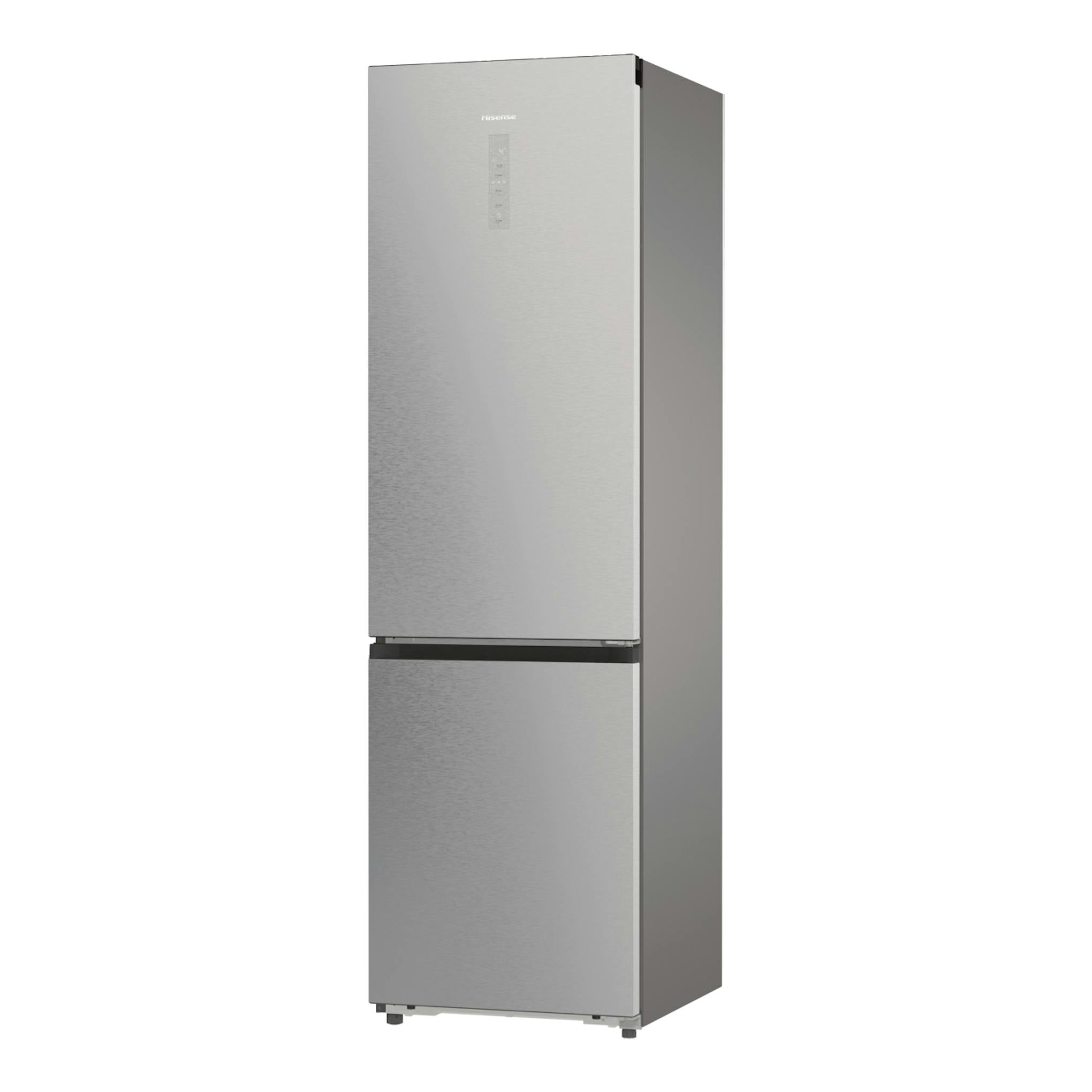Frigorífico combi Hisense RB5P410SACA, acabado inox, vista frontal en ángulo.