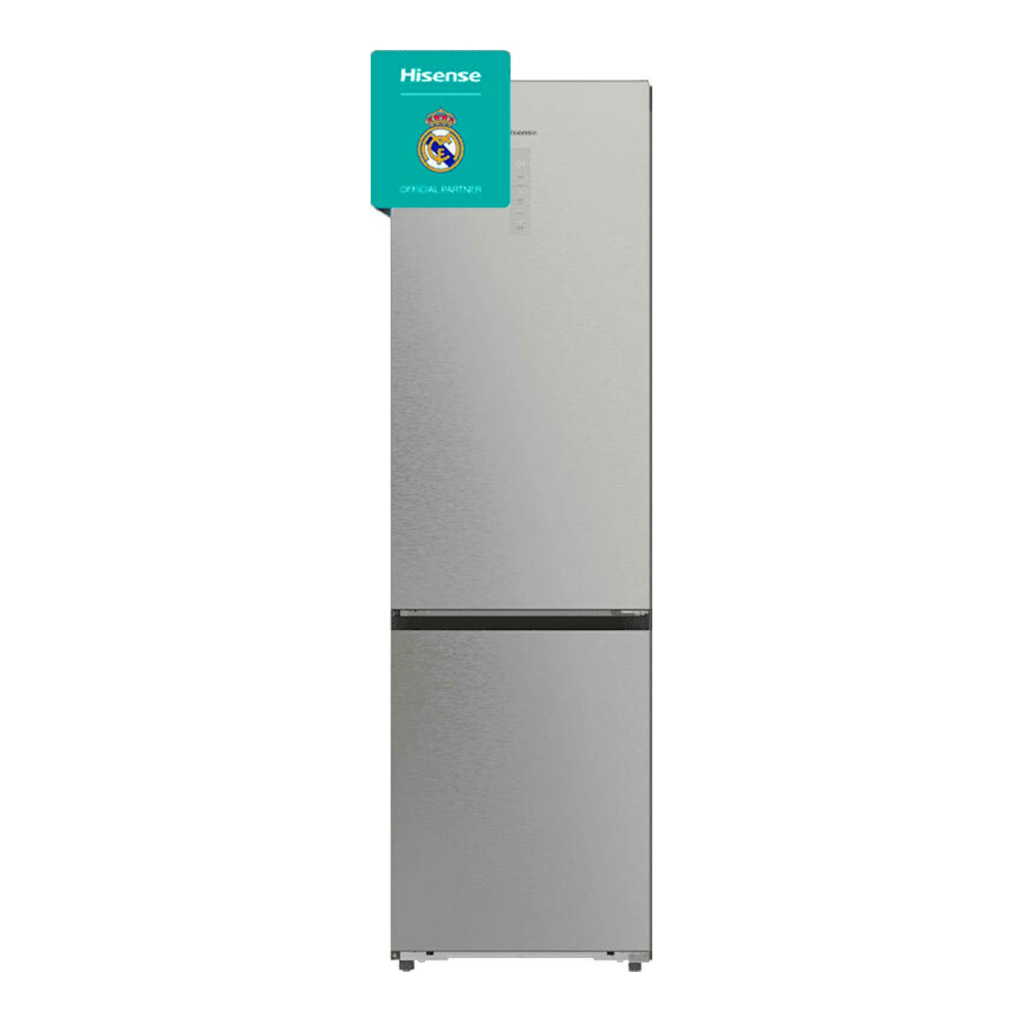 Frigorífico combi Hisense RB5P410SACC inox, vista frontal, con congelador inferior.