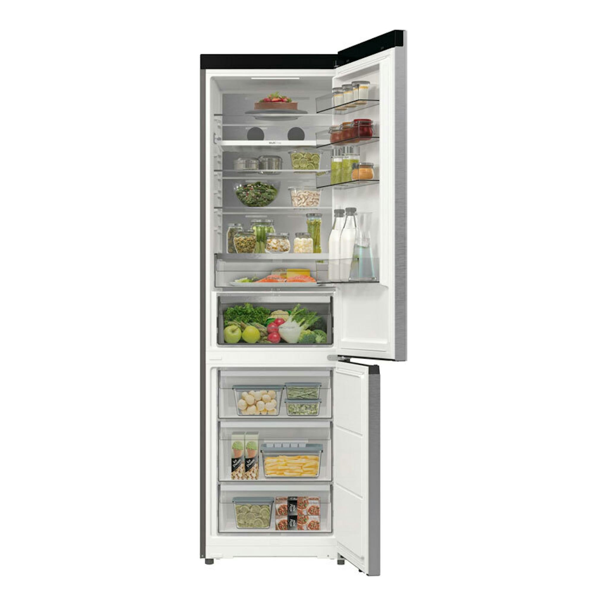 Frigorífico combi Hisense RB5P410SACC inox, vista frontal con puertas abiertas y estantes visibles.