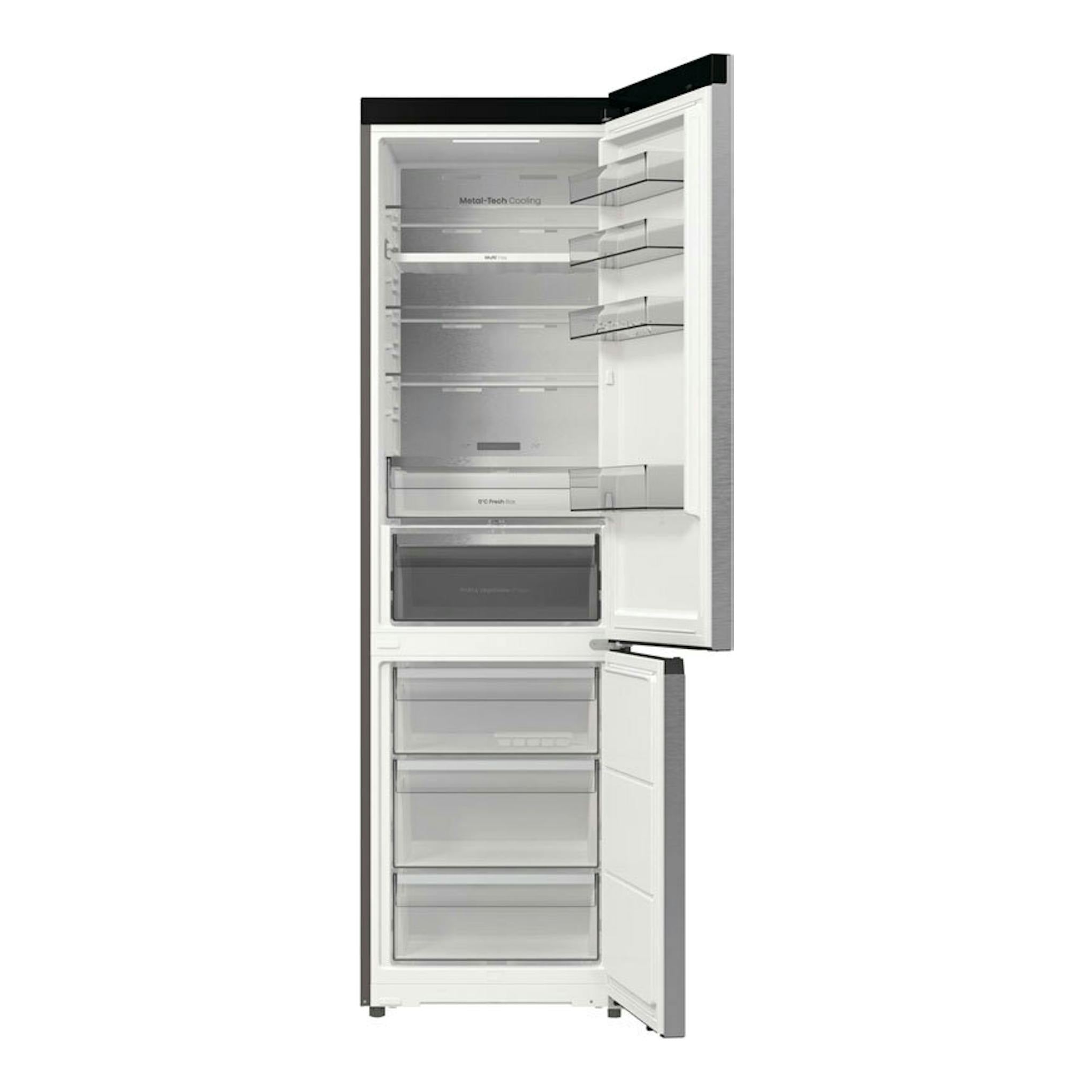 Frigorífico combi Hisense RB5P410SACC inox, vista frontal con puertas abiertas y compartimentos visibles.