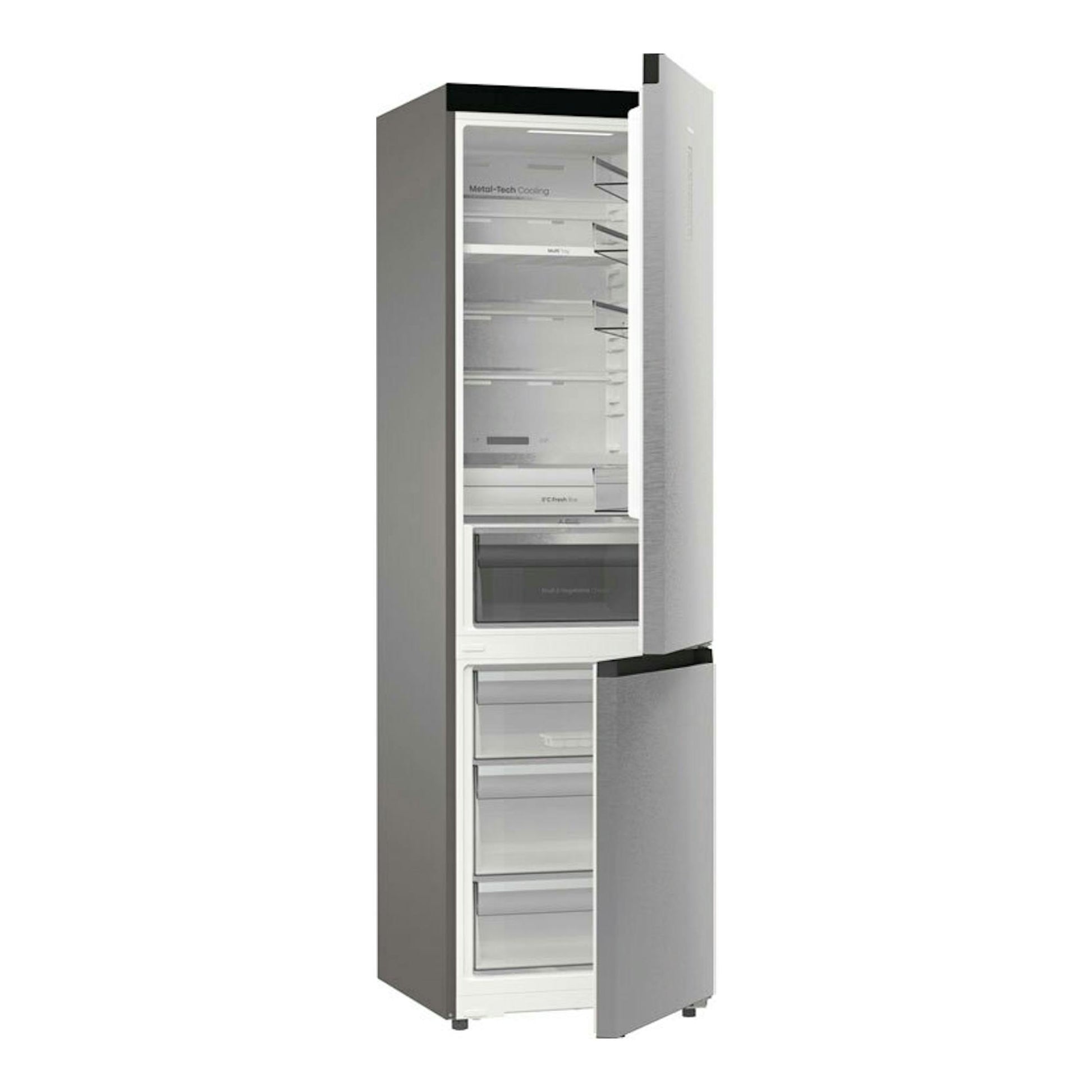Frigorífico combi Hisense RB5P410SACC inox, vista frontal con puertas abiertas y compartimentos interiores.