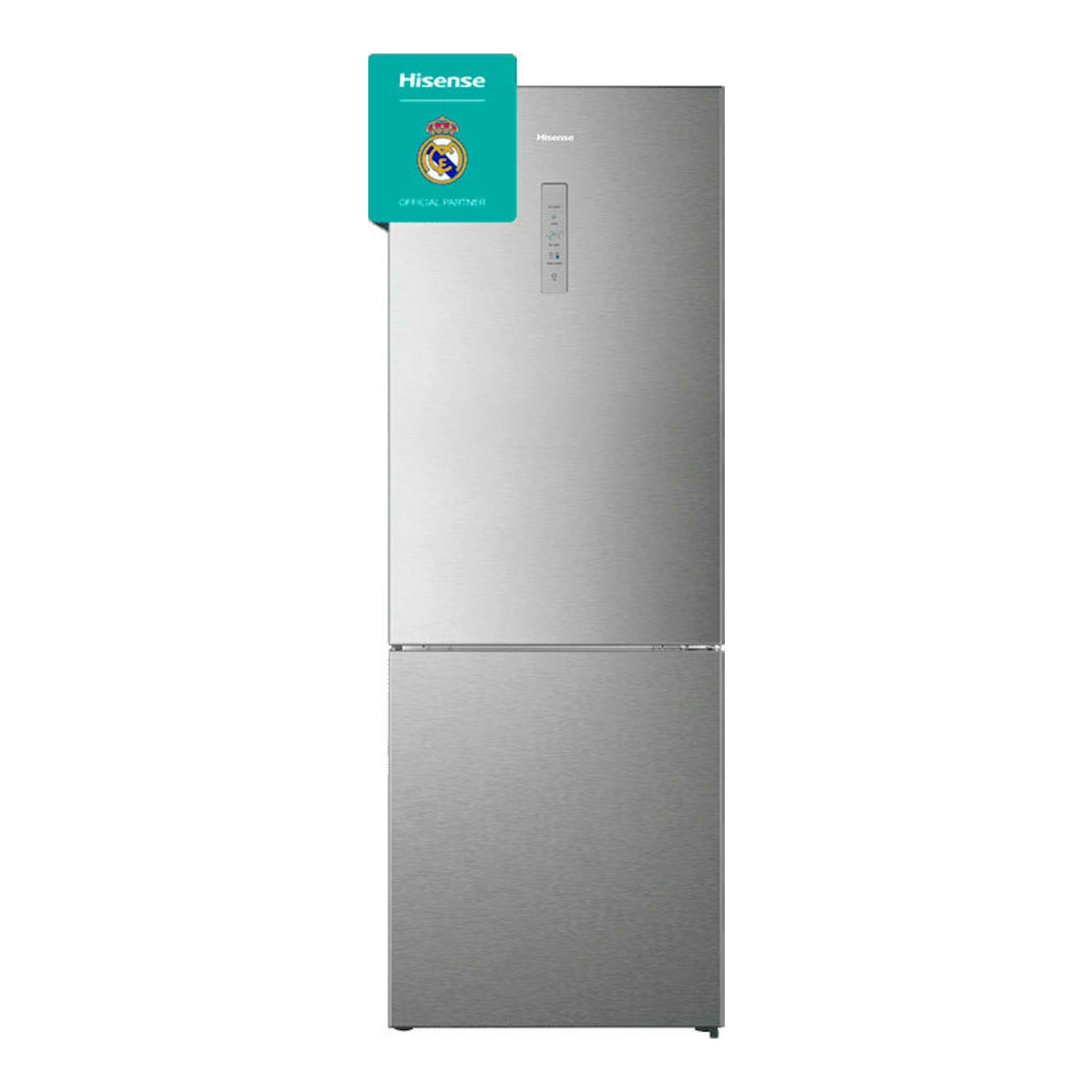 Frigorífico combi Hisense RB645N4BIC en inox, vista frontal, dos puertas.