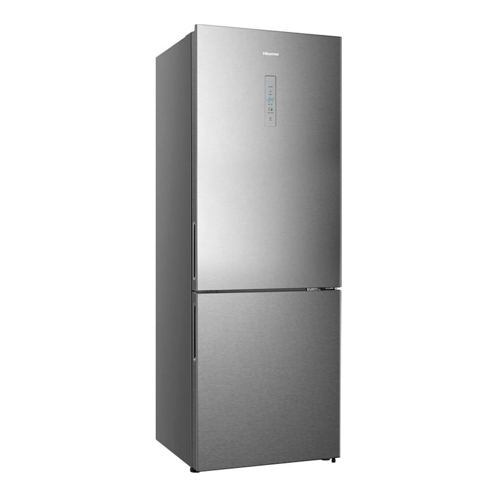 Frigorífico combi Hisense RB645N4BIC en inox, vista frontal con leve ángulo lateral.