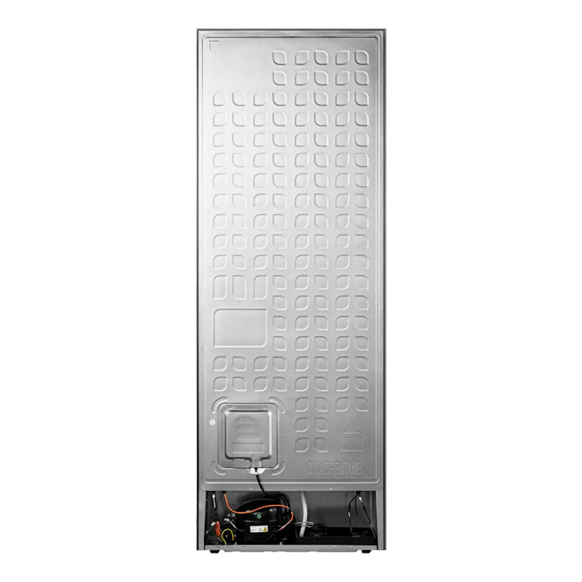 Frigorífico combi Hisense RB645N4BIC inox, vista trasera en plata con panel posterior y base inferior abierta.