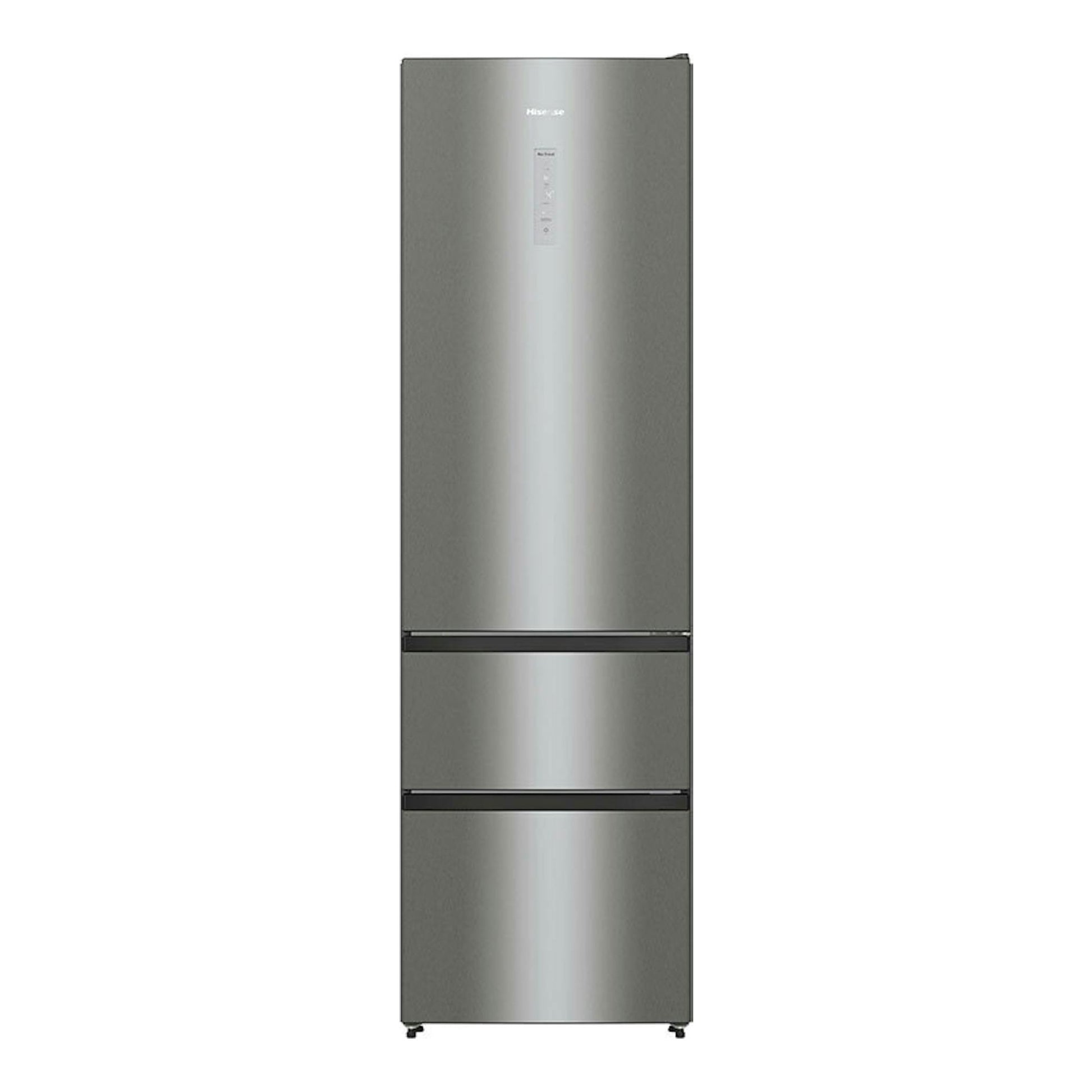 Frigorífico combi Hisense RM469N4ACD inox, vista frontal, con puertas en acabado acero inoxidable.