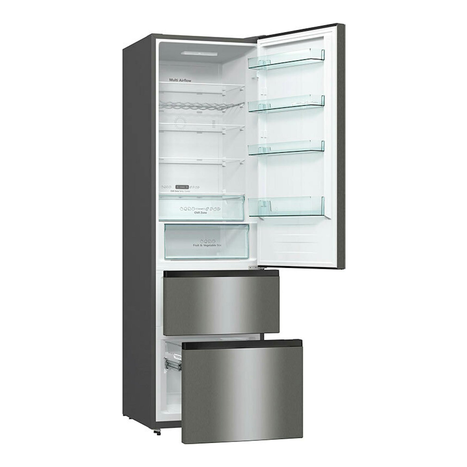 Frigorífico combi Hisense RM469N4ACD inox, con puertas abiertas y cajones extraíbles, vista frontal.