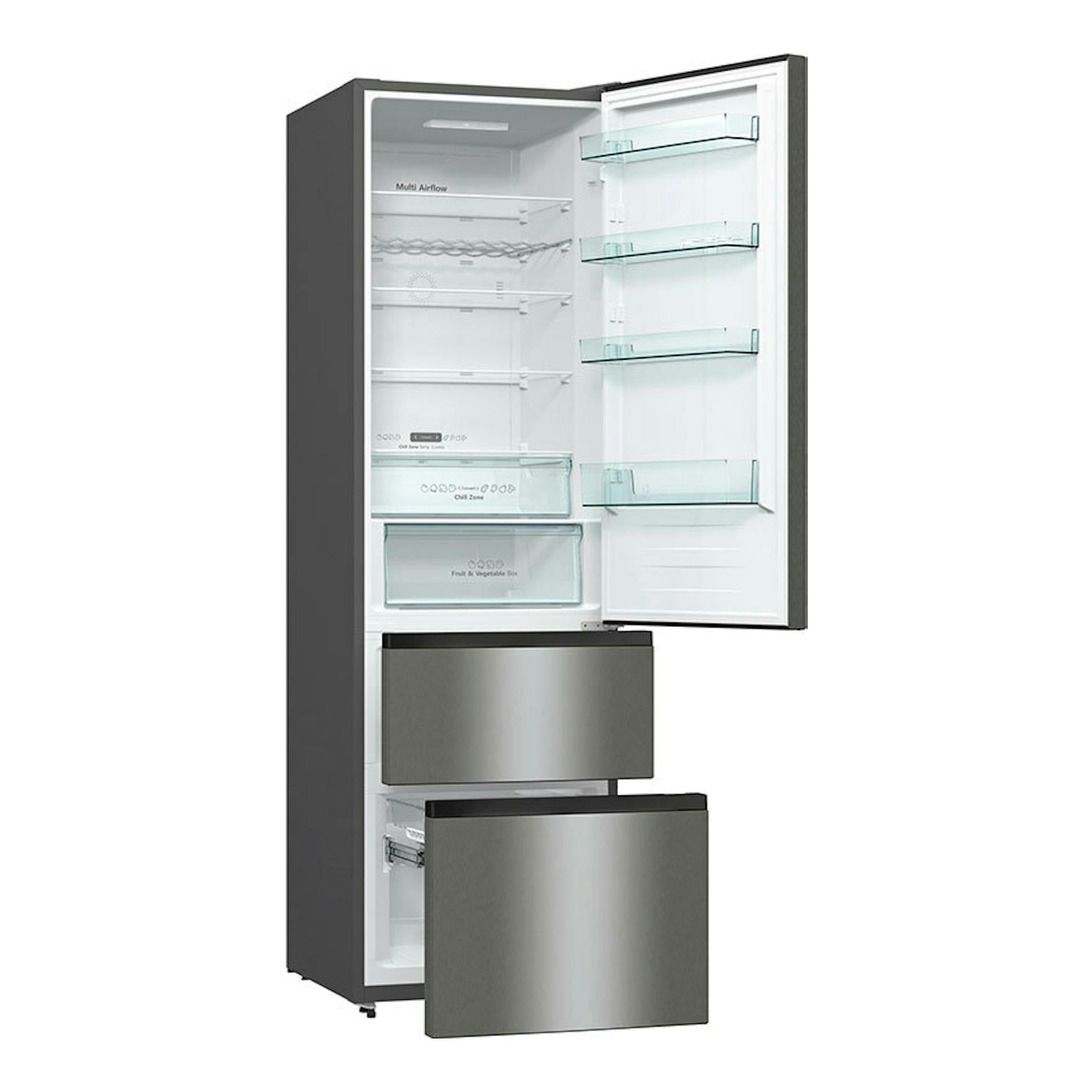 Frigorífico combi Hisense RM469N4ACD inox, con puertas abiertas y cajones extraíbles, vista frontal.