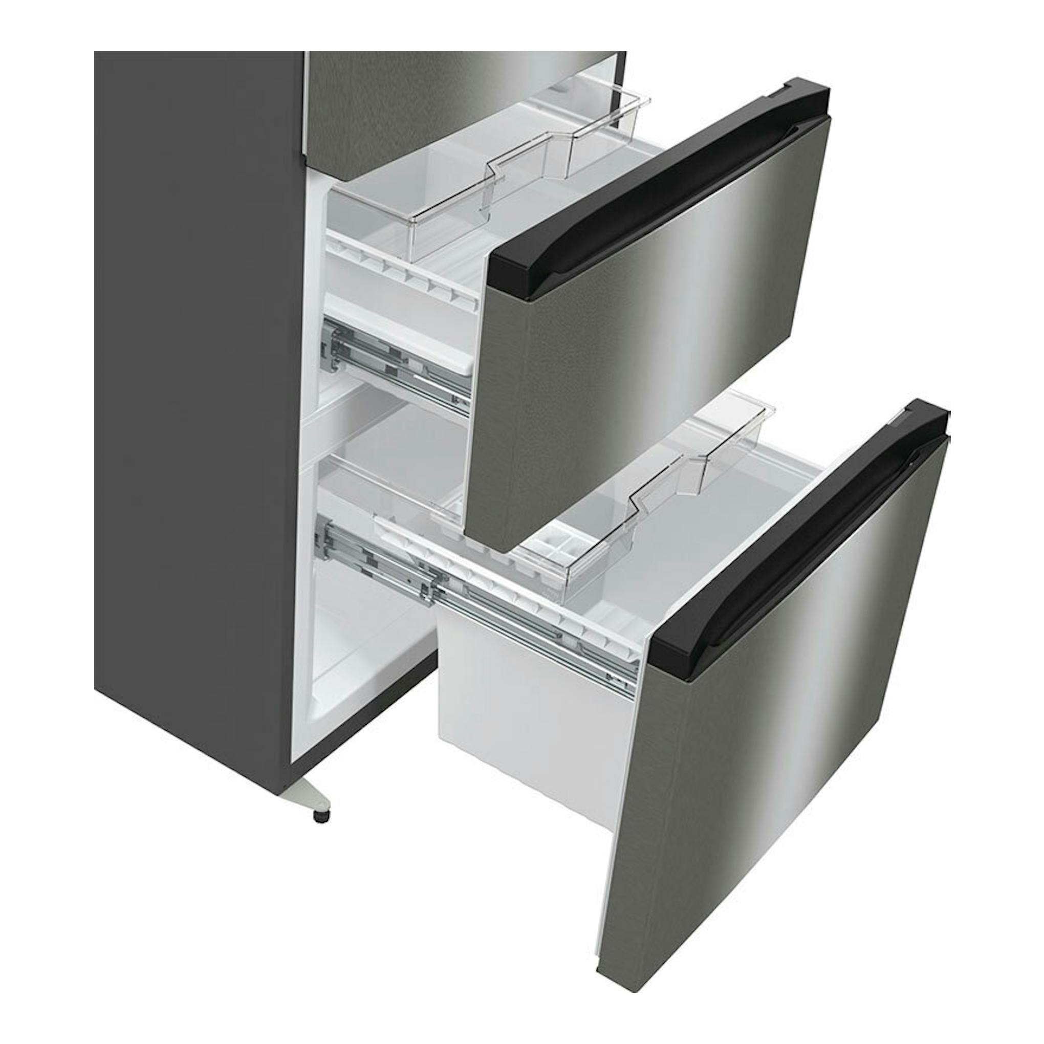 Frigorífico combi Hisense RM469N4ACD inox, vista frontal parcial con dos cajones extraíbles abiertos.