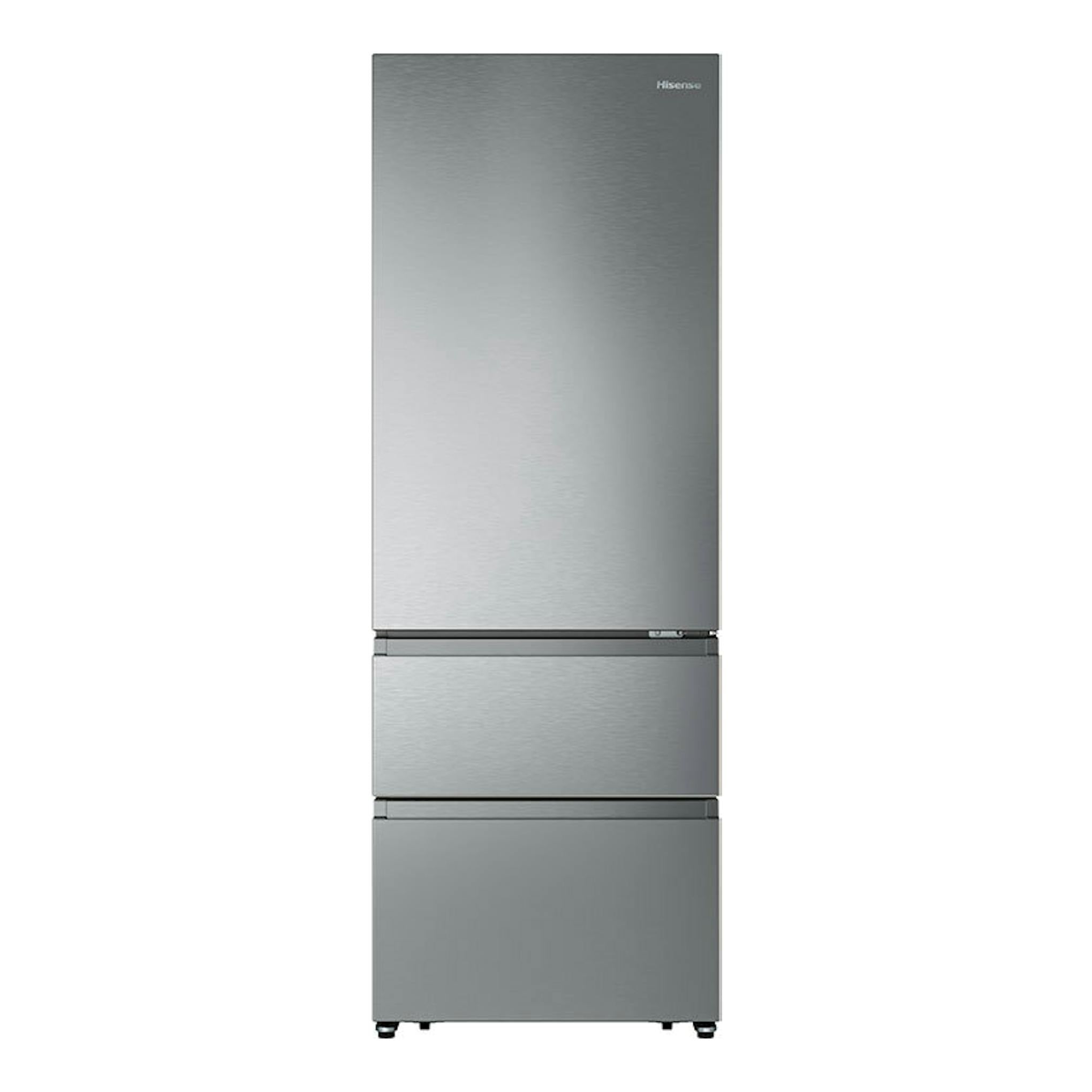 Frigorífico combi Hisense RT641N4AIE inox, vista frontal, acabado acero inoxidable, tres puertas.