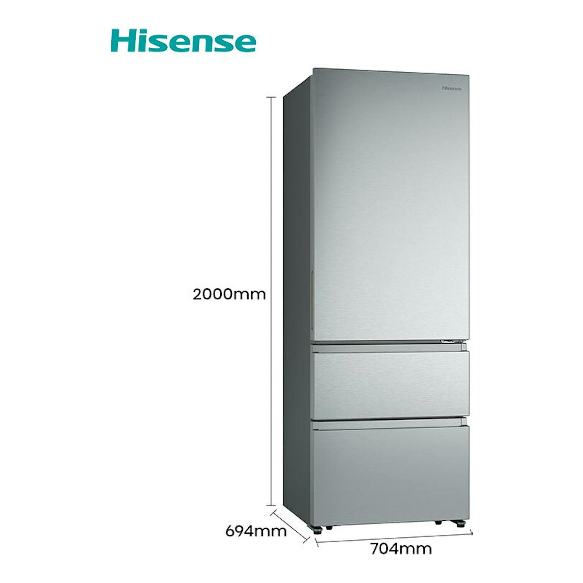 Frigorífico combi Hisense RT641N4AIE inox, vista frontal en acero inoxidable, 2000 x 704 x 694 mm.