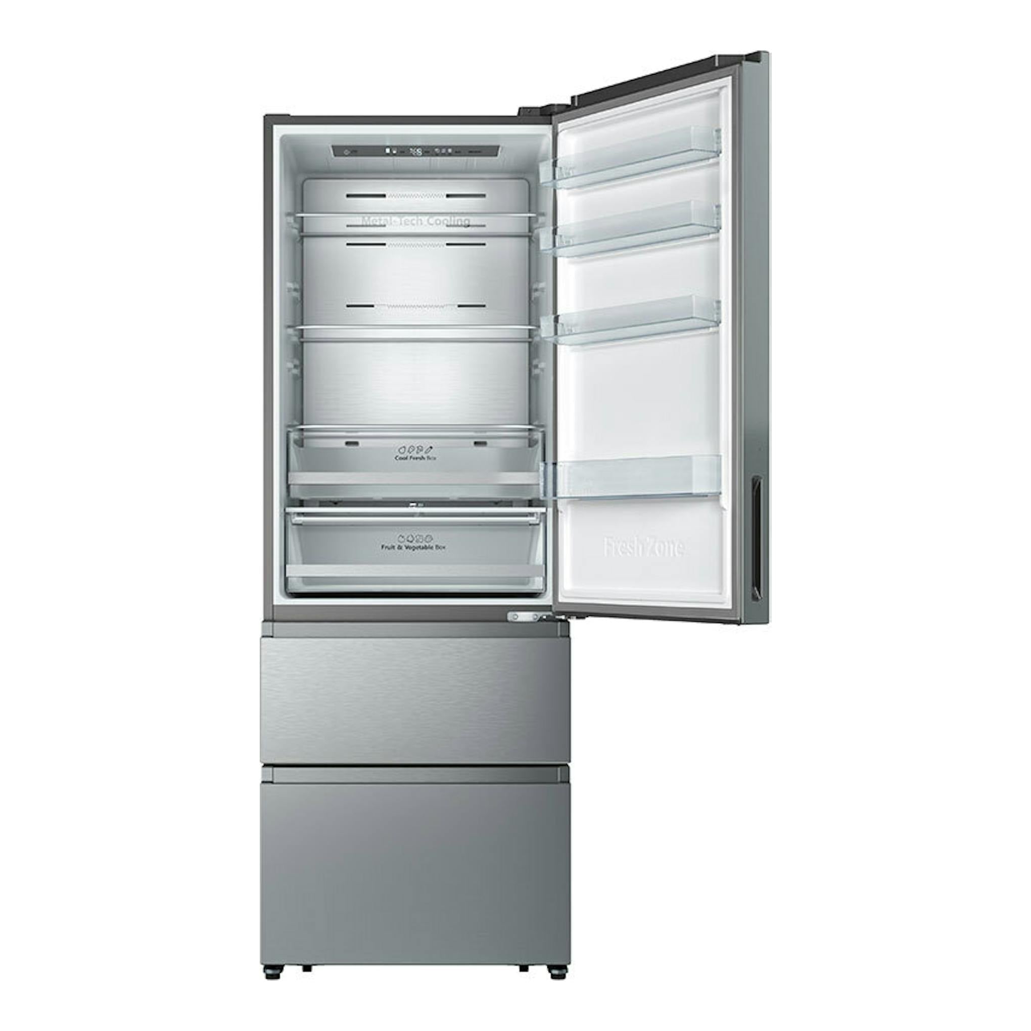 Frigorífico combi Hisense RT641N4AIE inox, vista frontal con la puerta derecha abierta y interior visible.