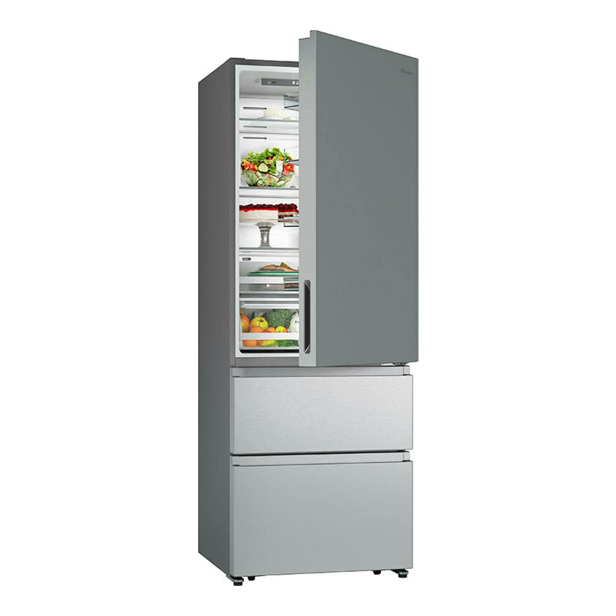 Frigorífico combi Hisense RT641N4AIE en inox, vista frontal con puerta superior abierta.