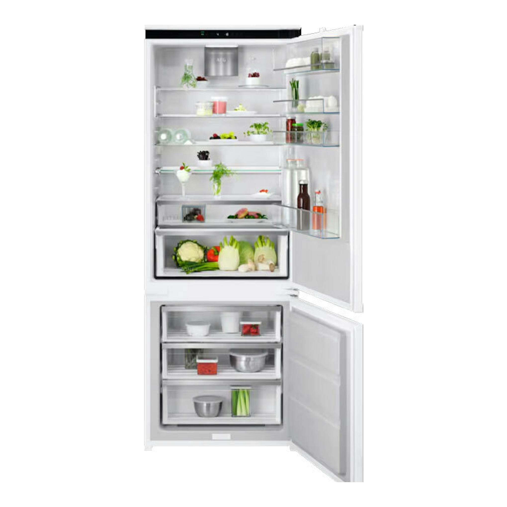 Frigorífico combi integrable AEG NSC7P751ES, vista frontal abierta, en blanco, con congelador inferior.
