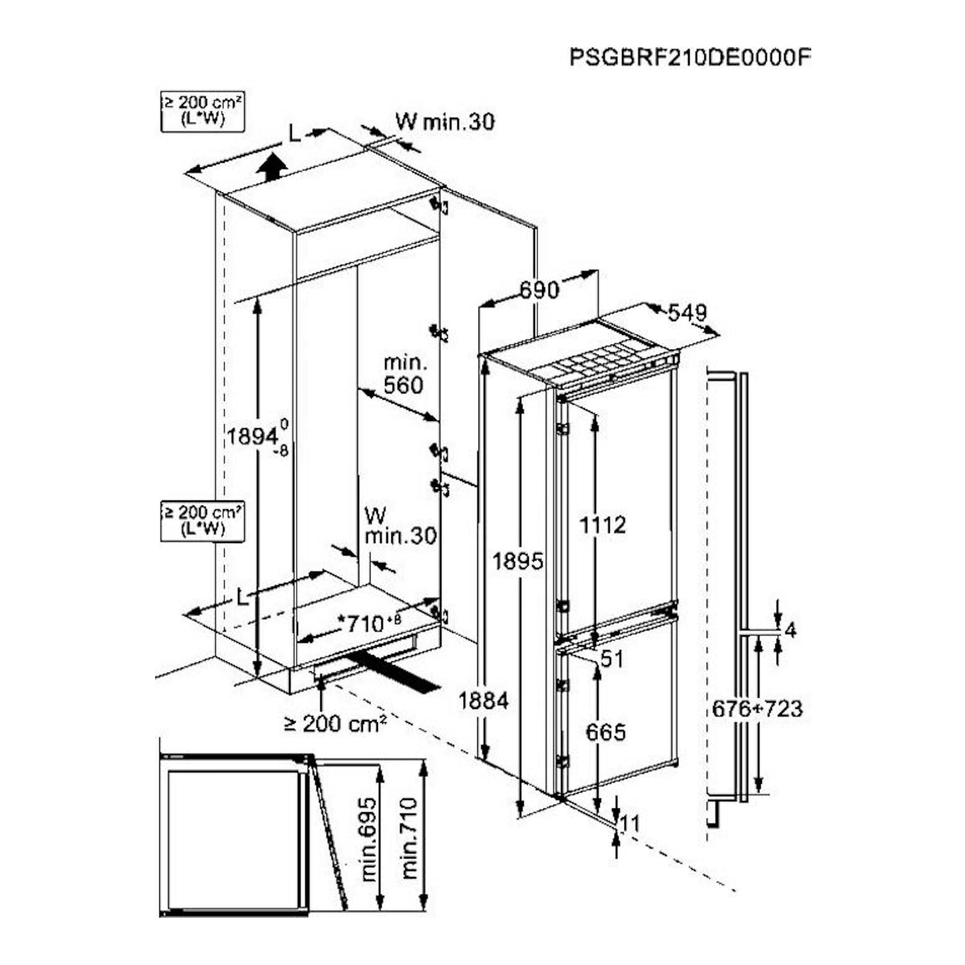 AEG NSC7P751ES: esquema técnico de un frigorífico combi integrable en vista frontal y lateral, con medidas.