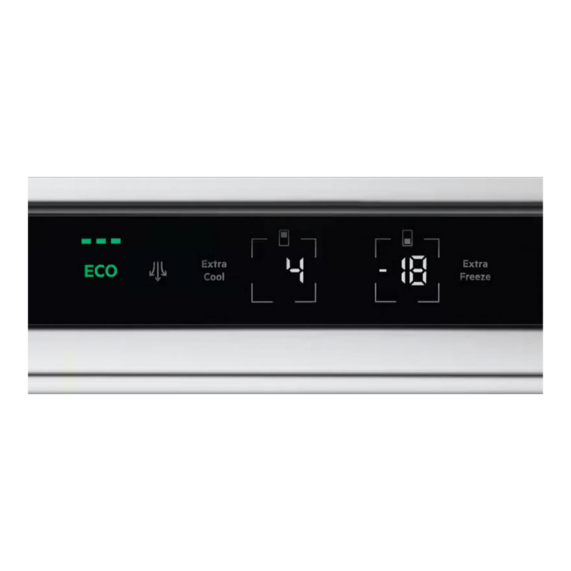 Primer plano del panel negro de AEG NSC7P751ES con ECO y temperaturas 4 y -18.