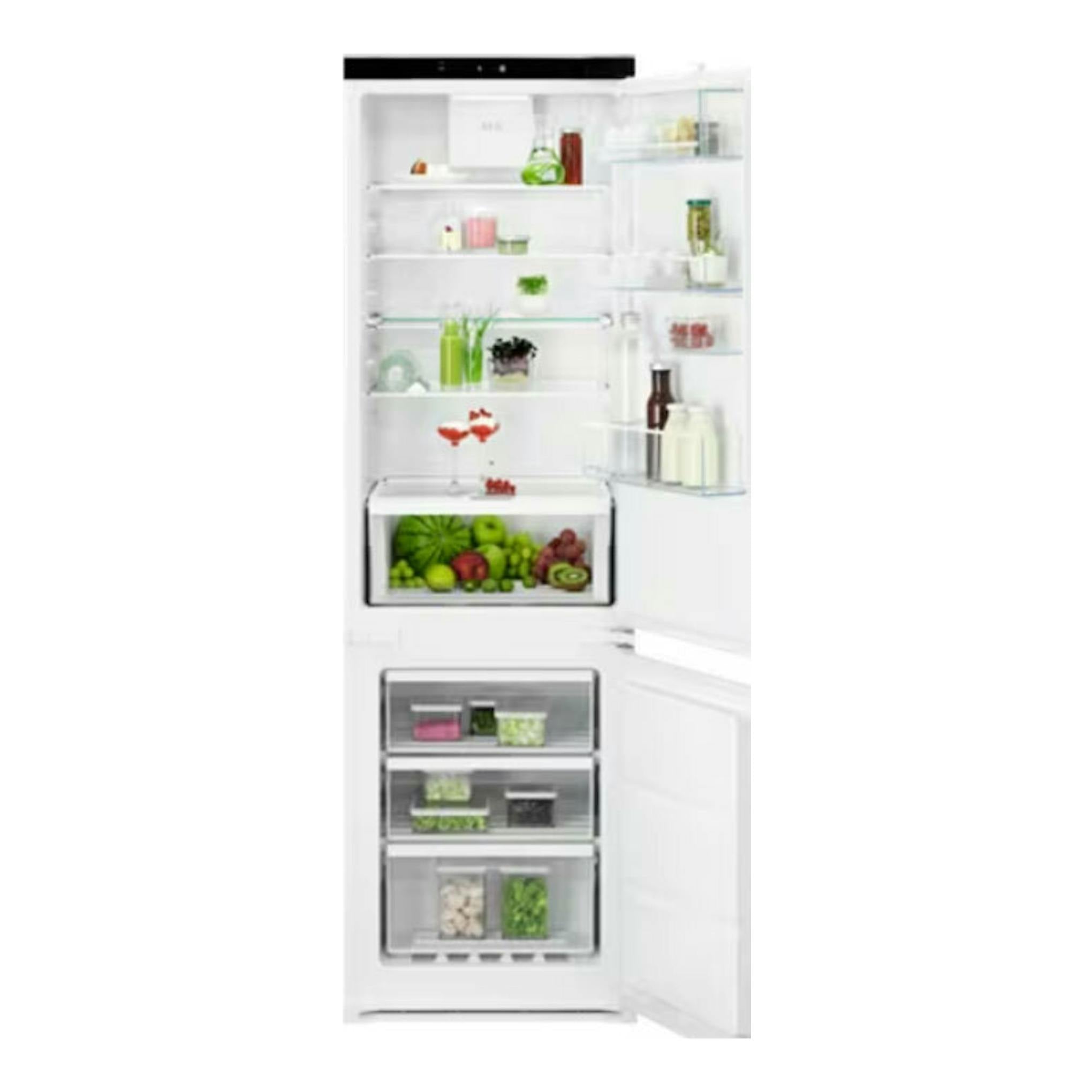 Frigorífico combi integrable AEG OSC7G181ES, blanco, con puerta abierta y compartimentos visibles.