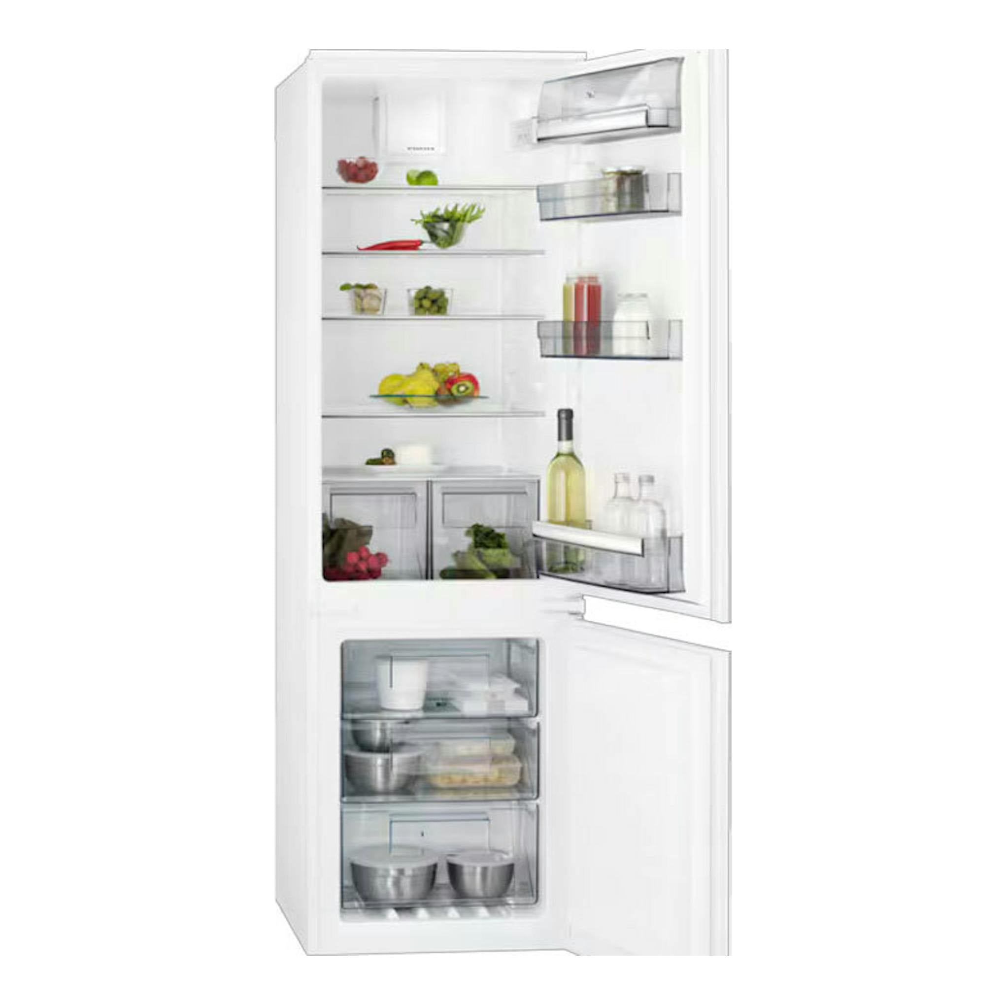 Frigorífico combi integrable AEG SCB618E6TS blanco, puerta abierta, interior con estantes y cajones visibles.