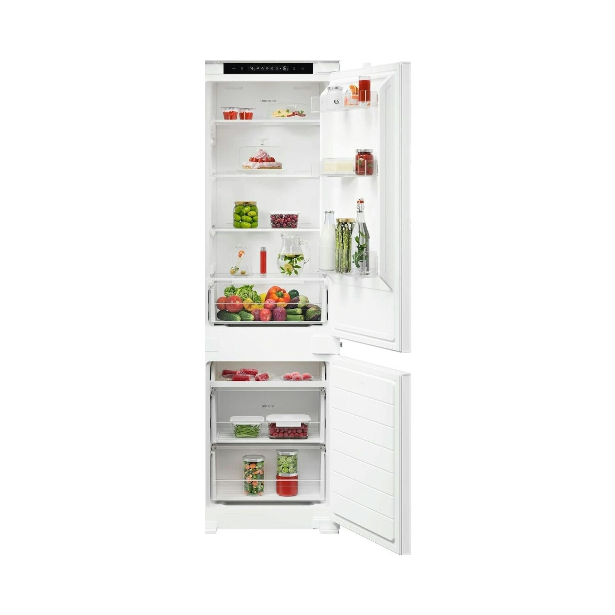 Frigorífico combi integrable AEG TC3NS181ES blanco, abierto, con compartimentos y cajones visibles.