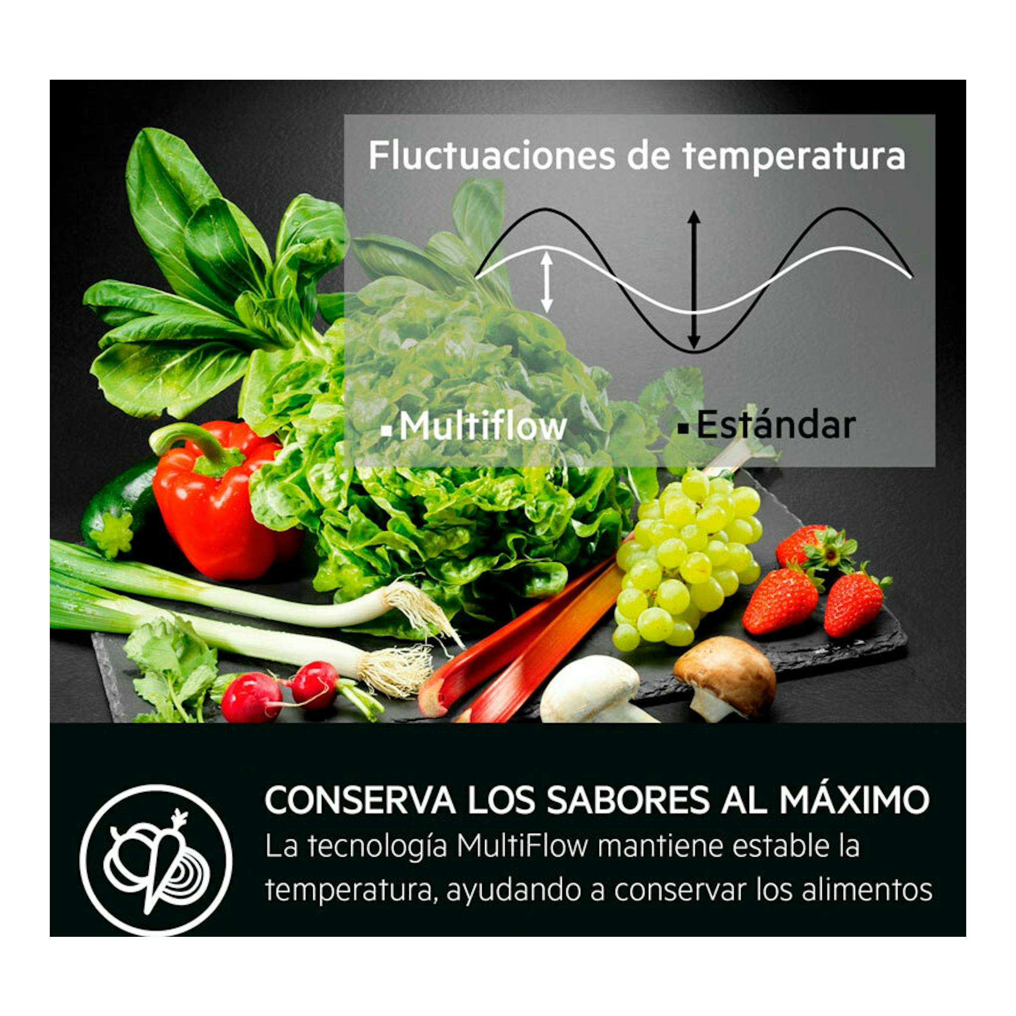 Infografía de AEG TC6MS18FDS sobre MultiFlow, con frutas y verduras y gráfico de fluctuación de temperatura.