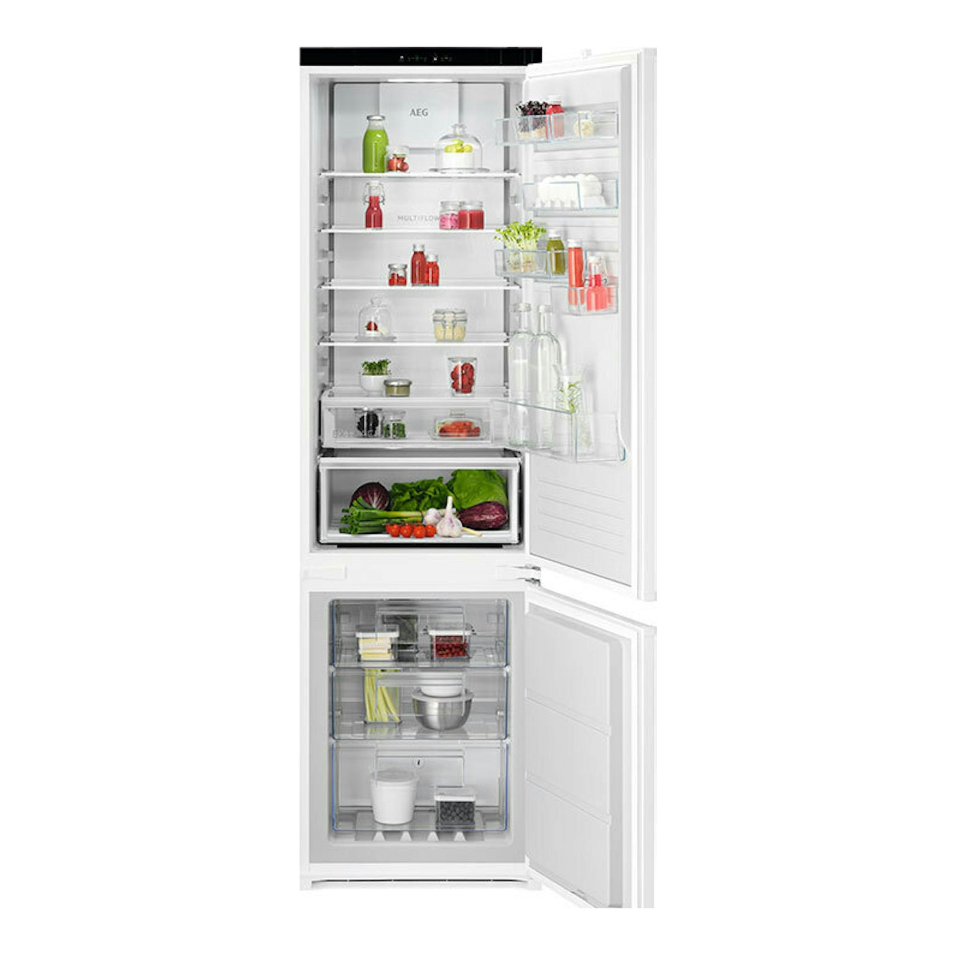Frigorífico combi integrable AEG TC6MS19FES blanco, vista frontal, con puertas abiertas y compartimentos visibles.