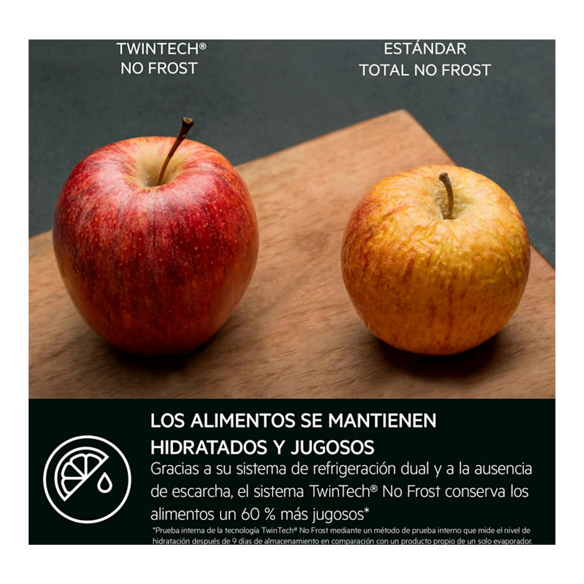 Gráfico de AEG TwinTech No Frost con dos manzanas sobre una tabla de madera y texto informativo.