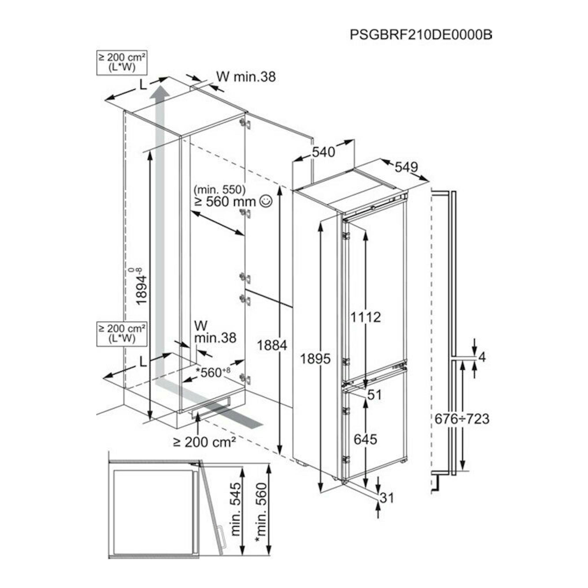 AEG TC6MS19FES: esquema técnico de frigorífico combi integrable con medidas de instalación y vistas frontal y lateral.