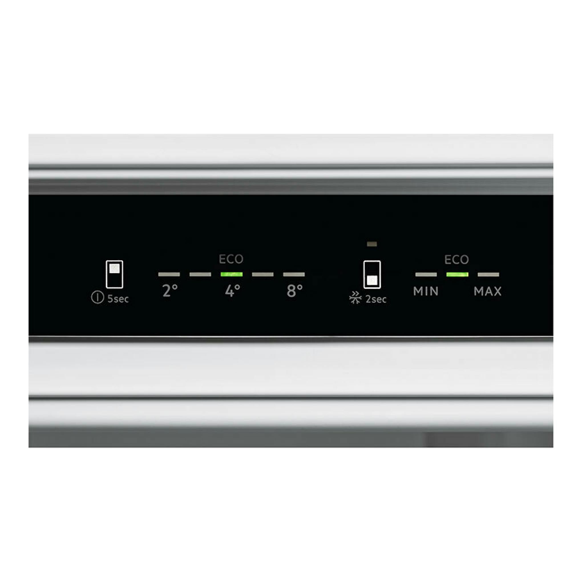 Panel de control negro de un frigorífico integrable AEG TC6MS19FES, vista frontal con indicadores ECO.