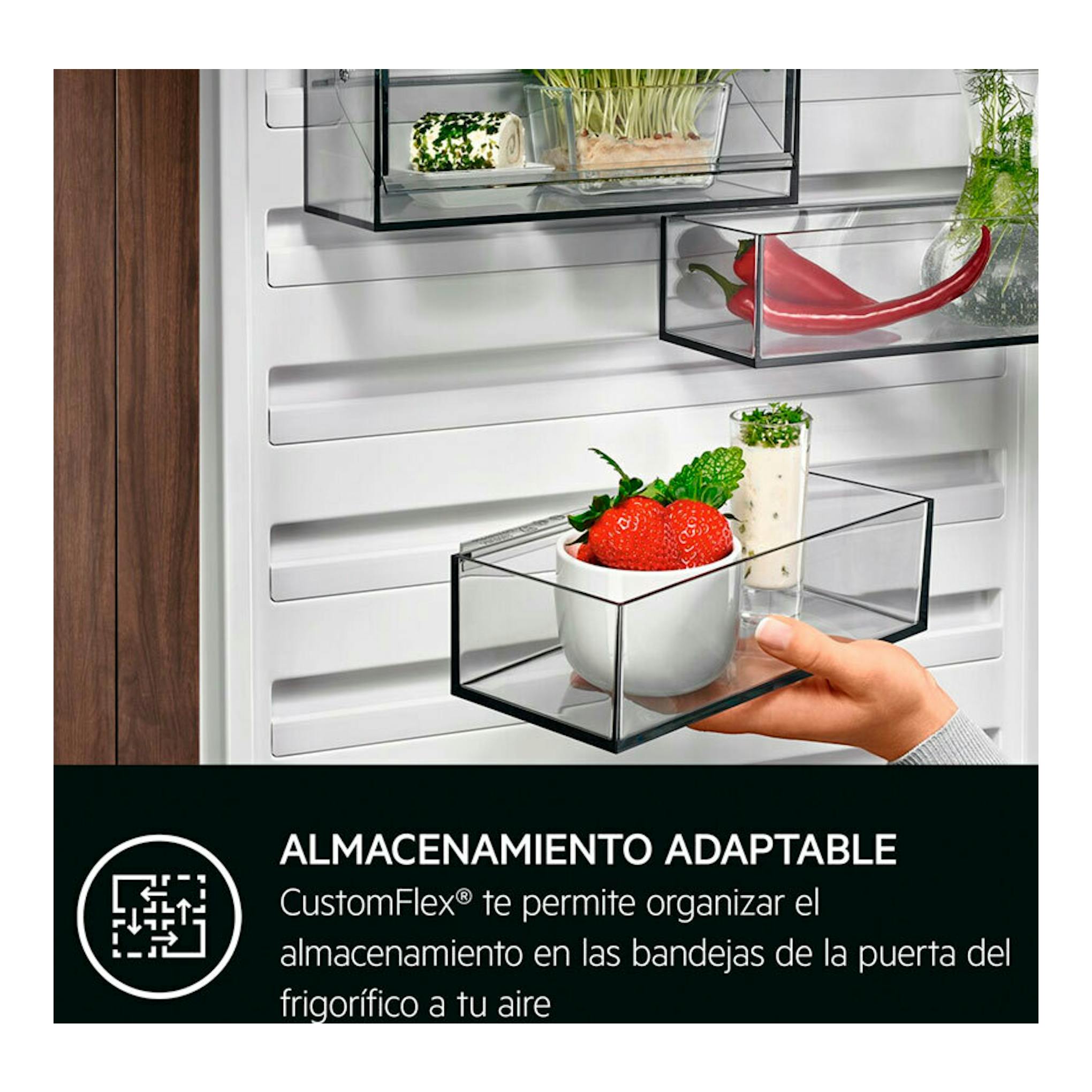 Frigorífico integrable AEG TC6MS19FES, vista interior frontal, con bandejas de puerta ajustables y alimentos.