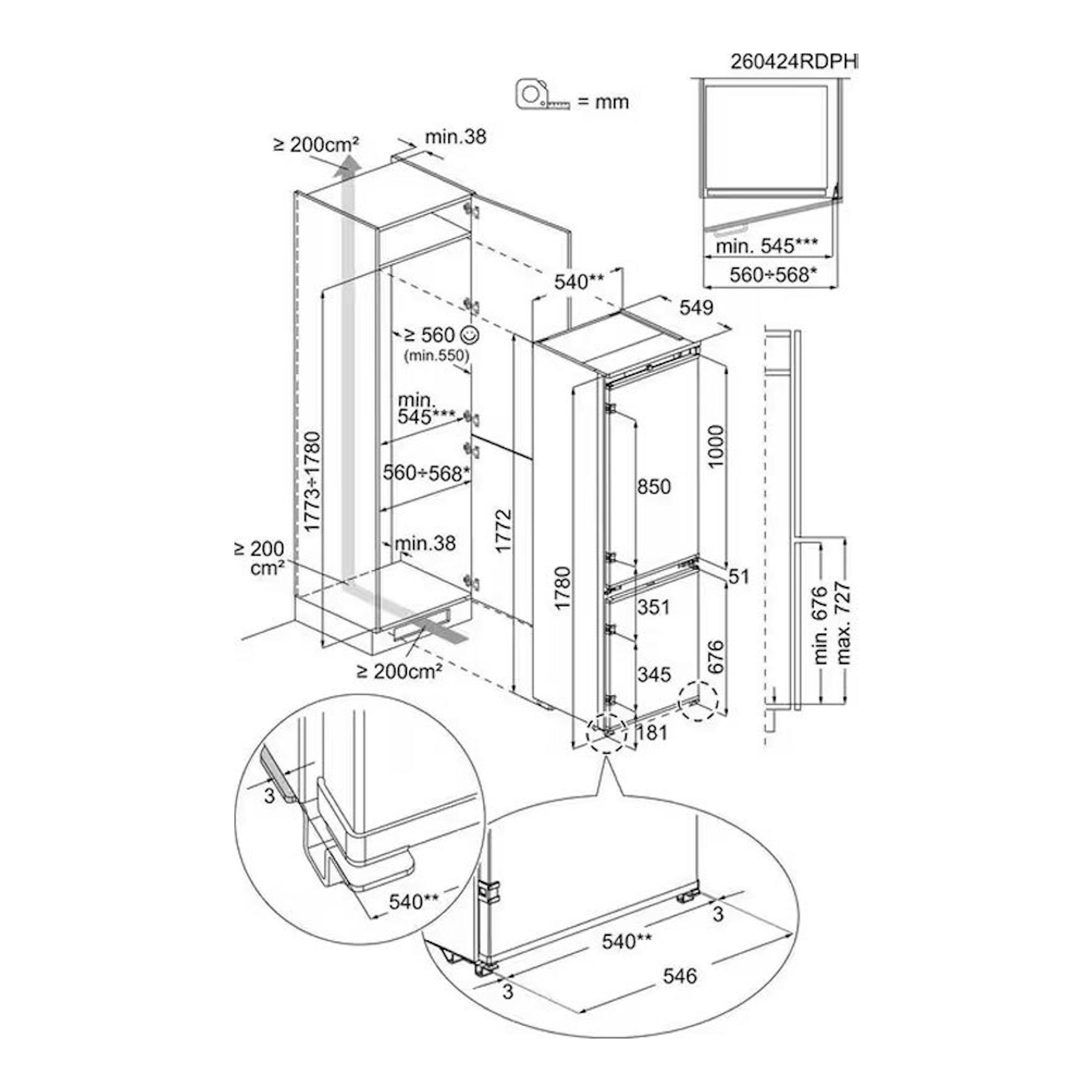 AEG TC7CS181ES: esquema técnico de instalación de frigorífico combi integrable, vista frontal y lateral.