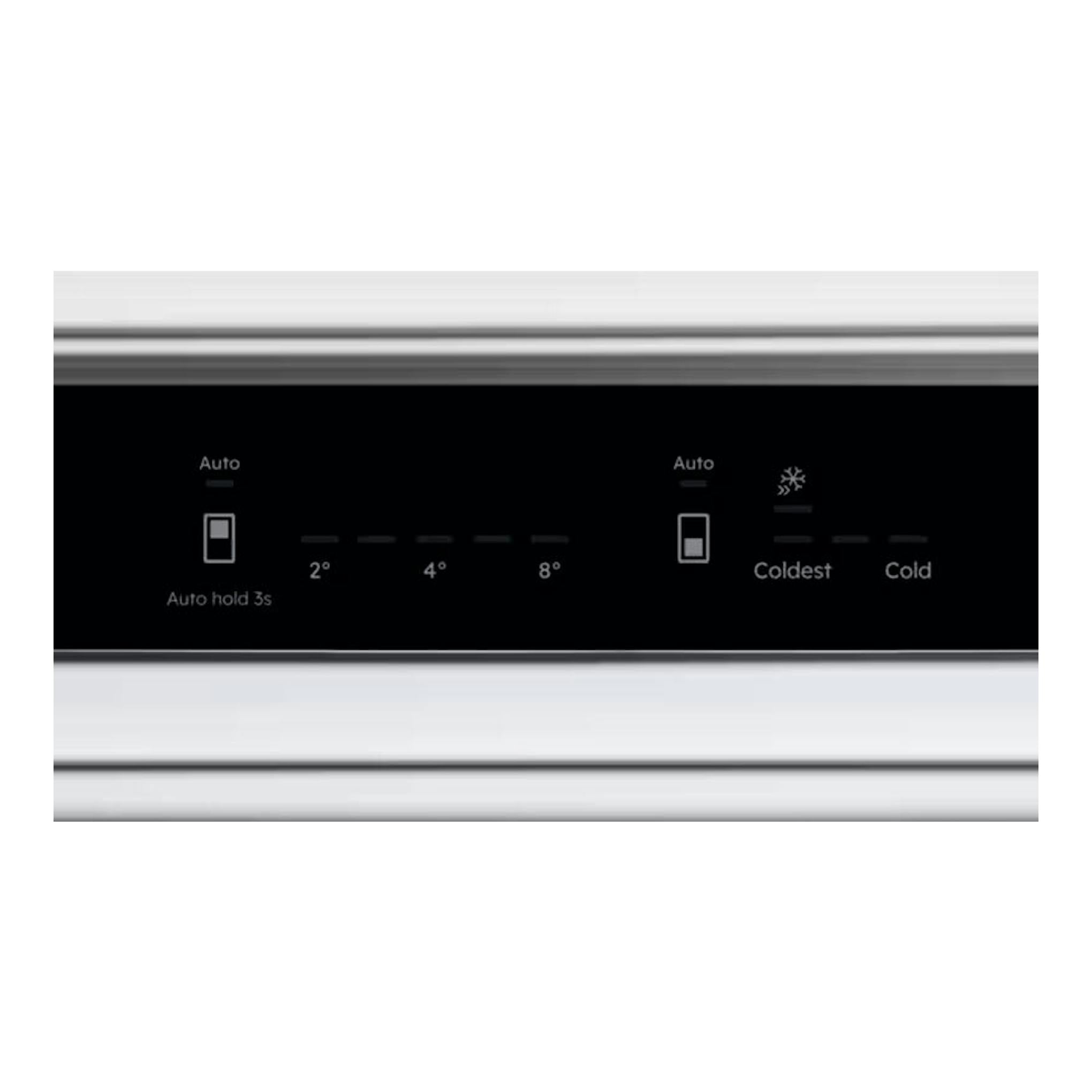 AEG TC7CS181ES: panel de control negro de frigorífico integrable, vista frontal parcial sobre fondo blanco.