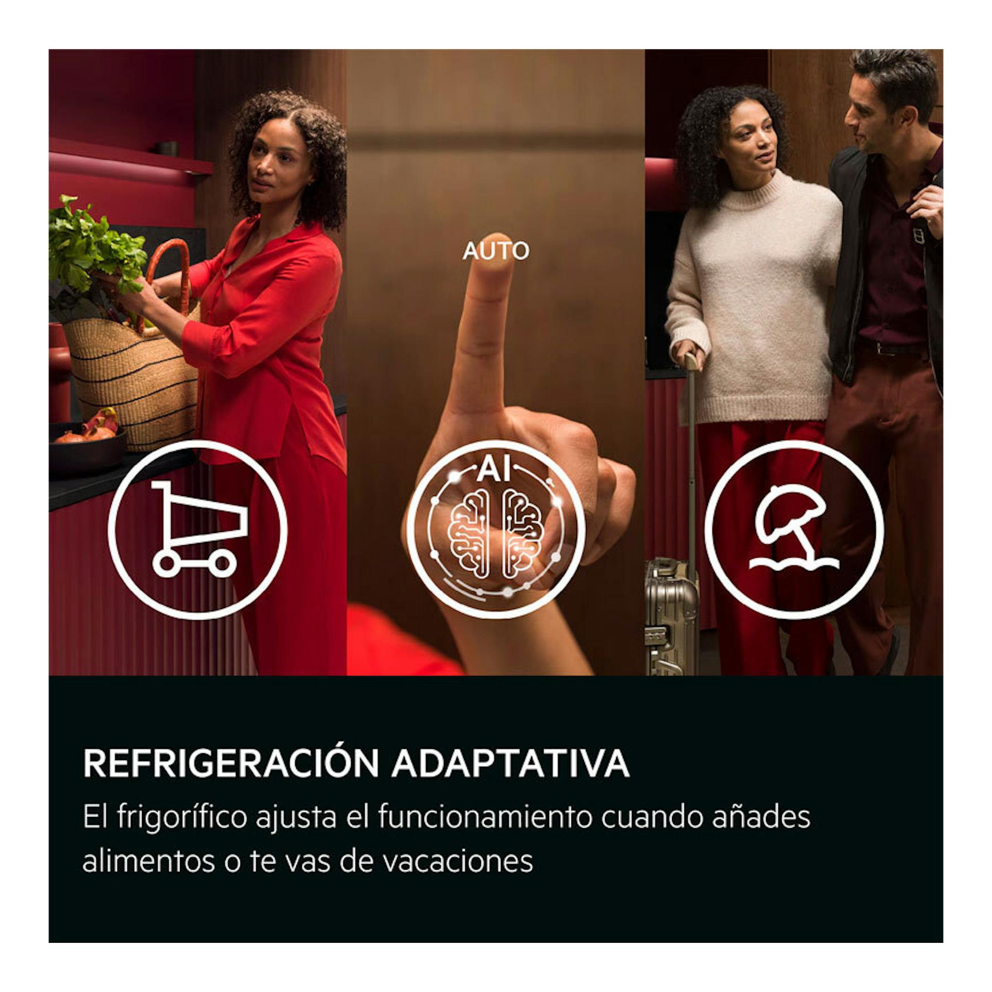 AEG TC7CS181ES: imagen promocional de refrigeración adaptativa con tres escenas, iconos y texto sobre fondo rojo y negro.