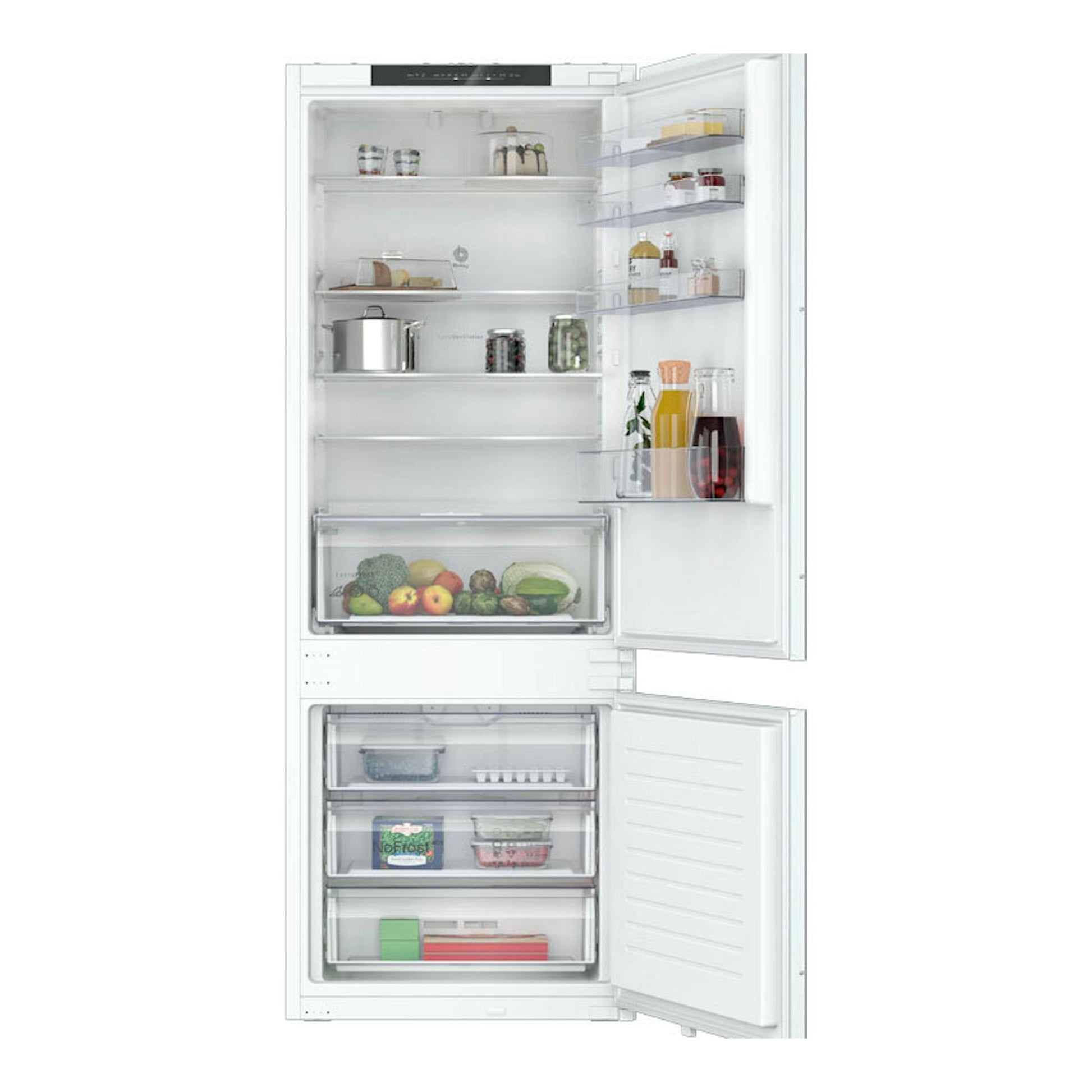 Frigorífico combi integrable Balay 3KIE901F, blanco, vista frontal con puertas abiertas y compartimentos visibles.