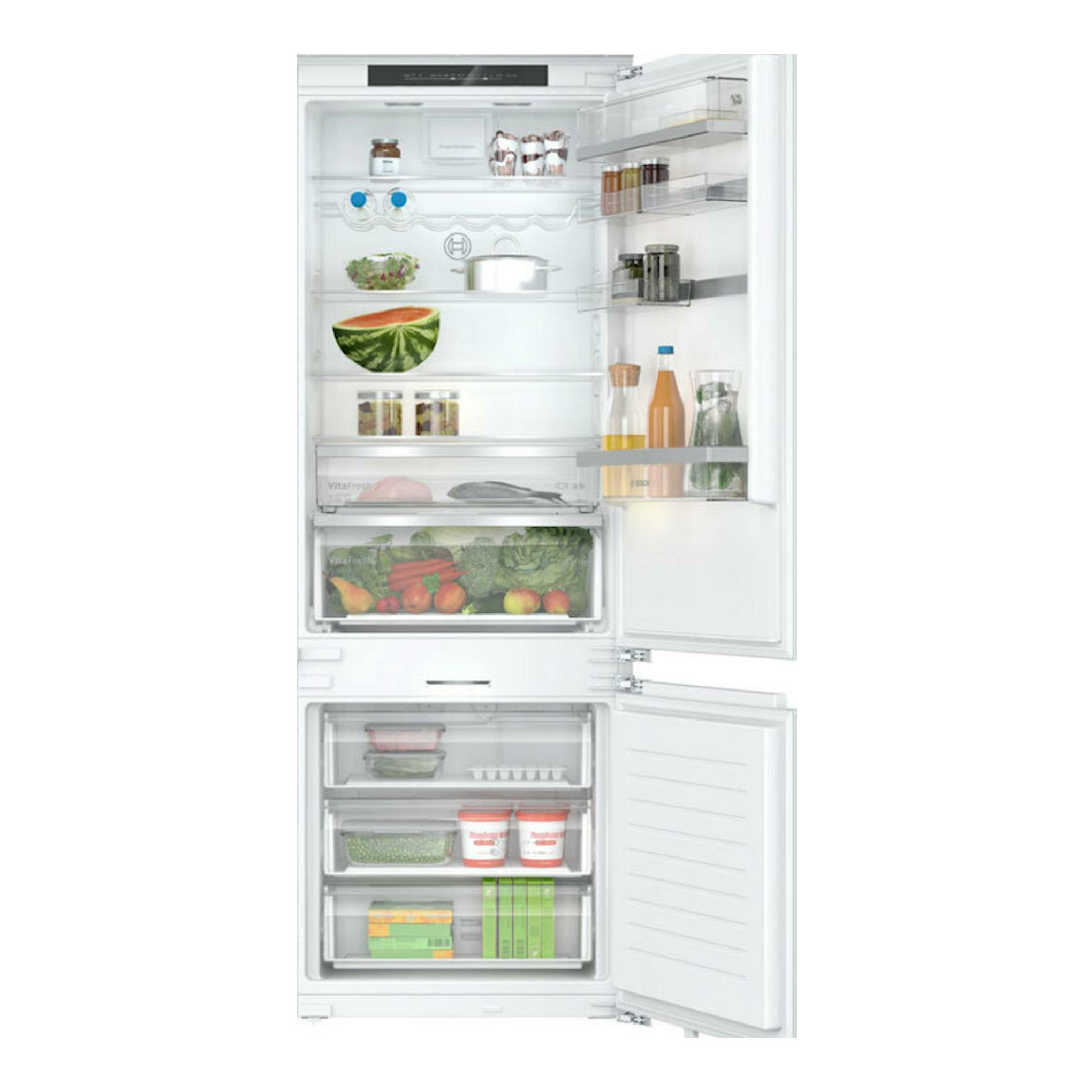 Frigorífico combi integrable Bosch KBN96ADD0, blanco, vista frontal con puertas abiertas y compartimentos visibles.