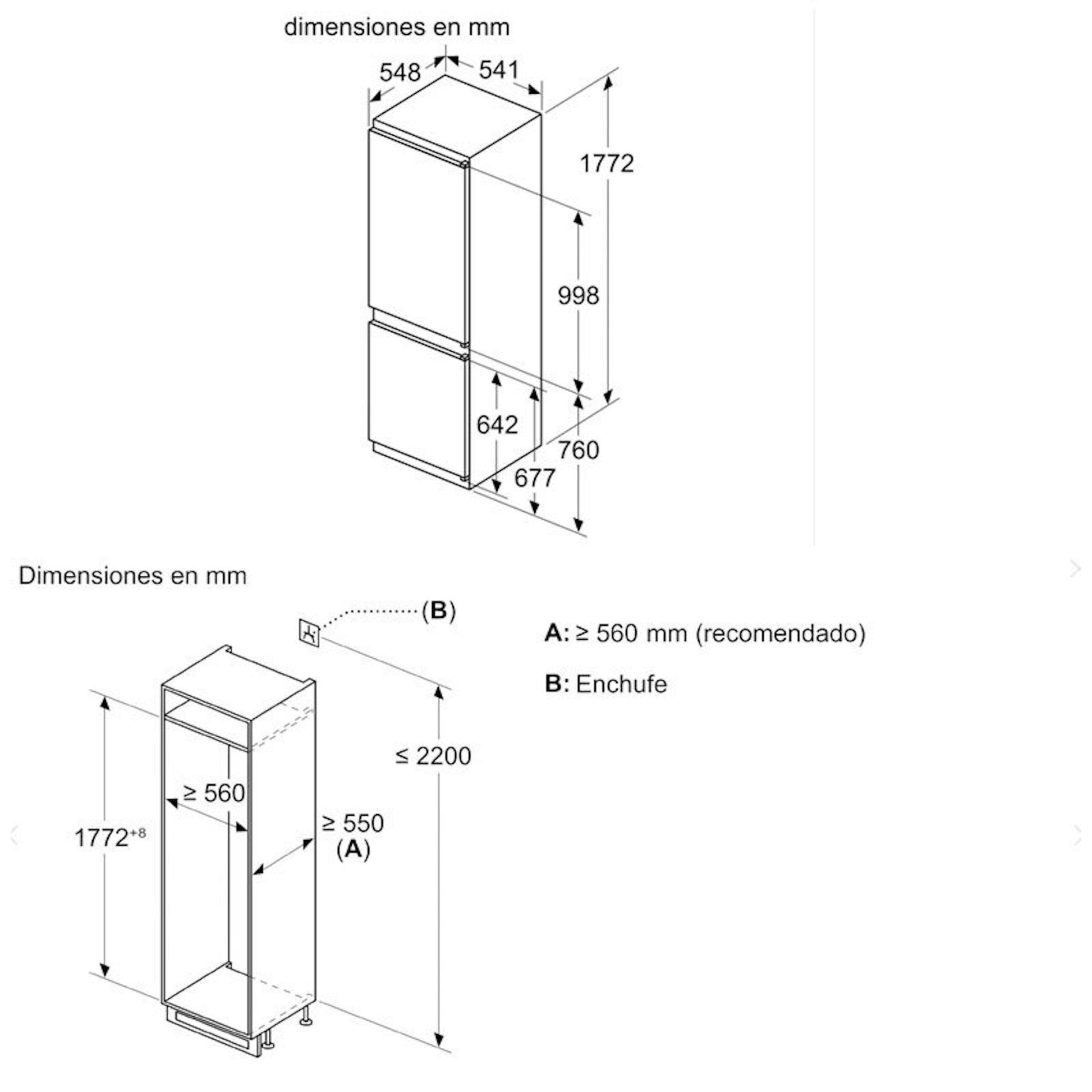 Bosch KIN86NSE0 esquema de dimensiones del frigorífico combi integrable