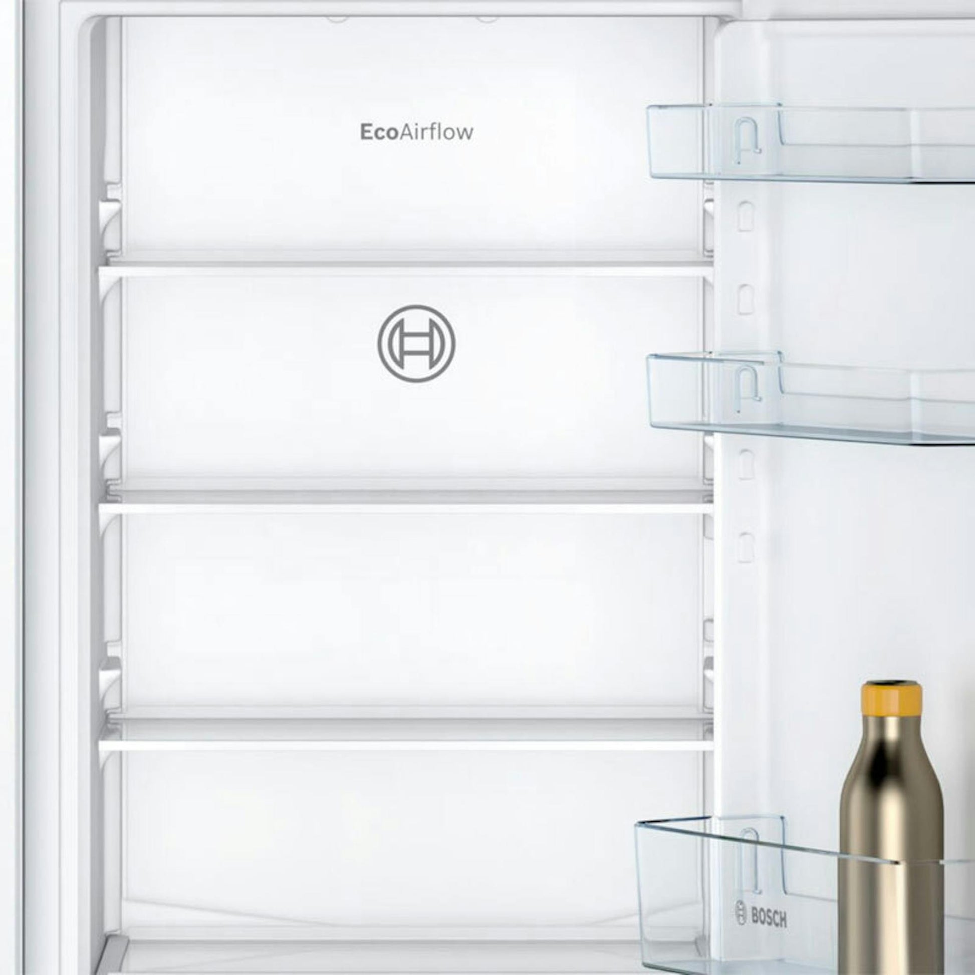 Interior del frigorífico combi integrable Bosch KIN86NSE0 con baldas y cajones transparentes