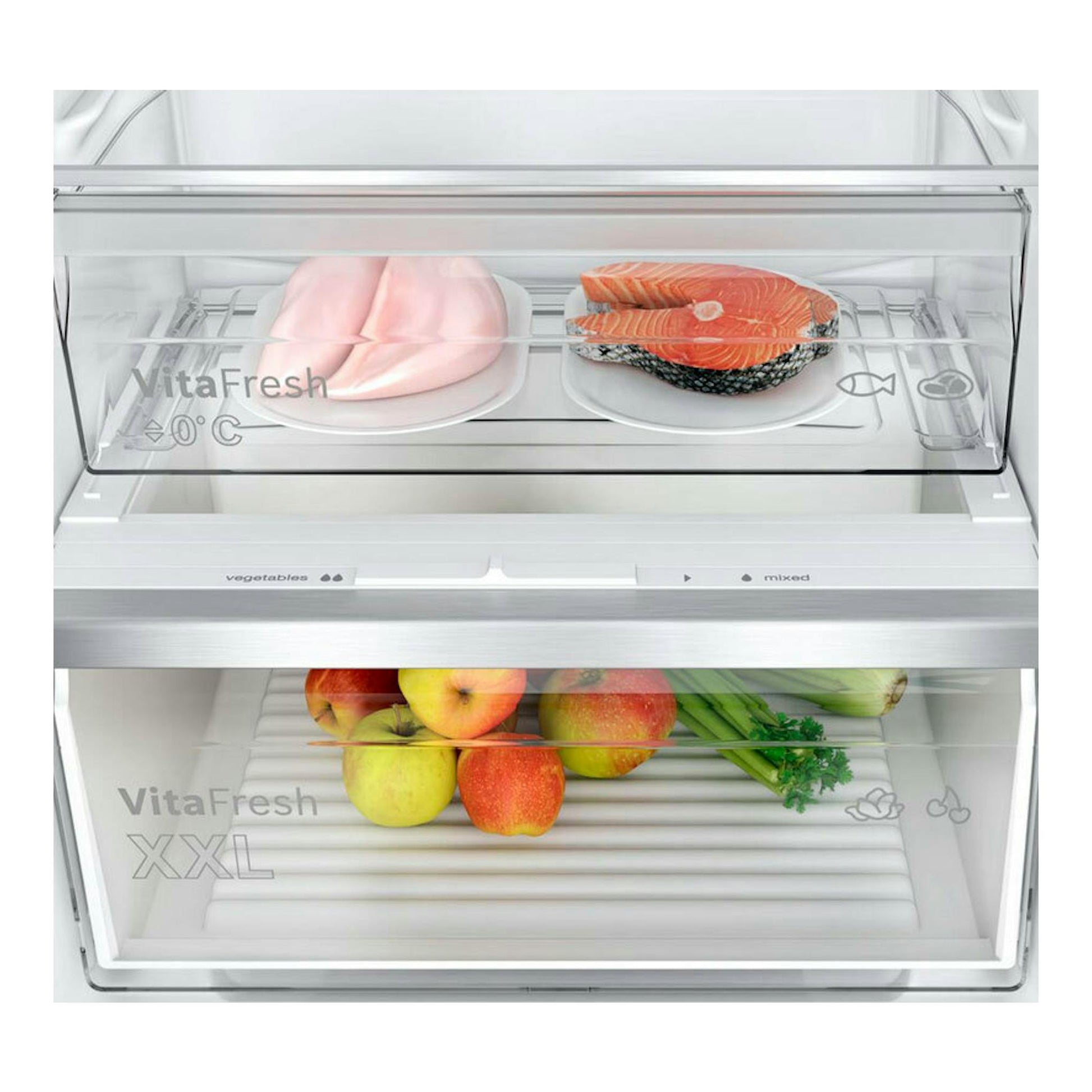 Frigorífico combi integrable Bosch KIN86VFE0, vista frontal del interior con cajones VitaFresh y alimentos.