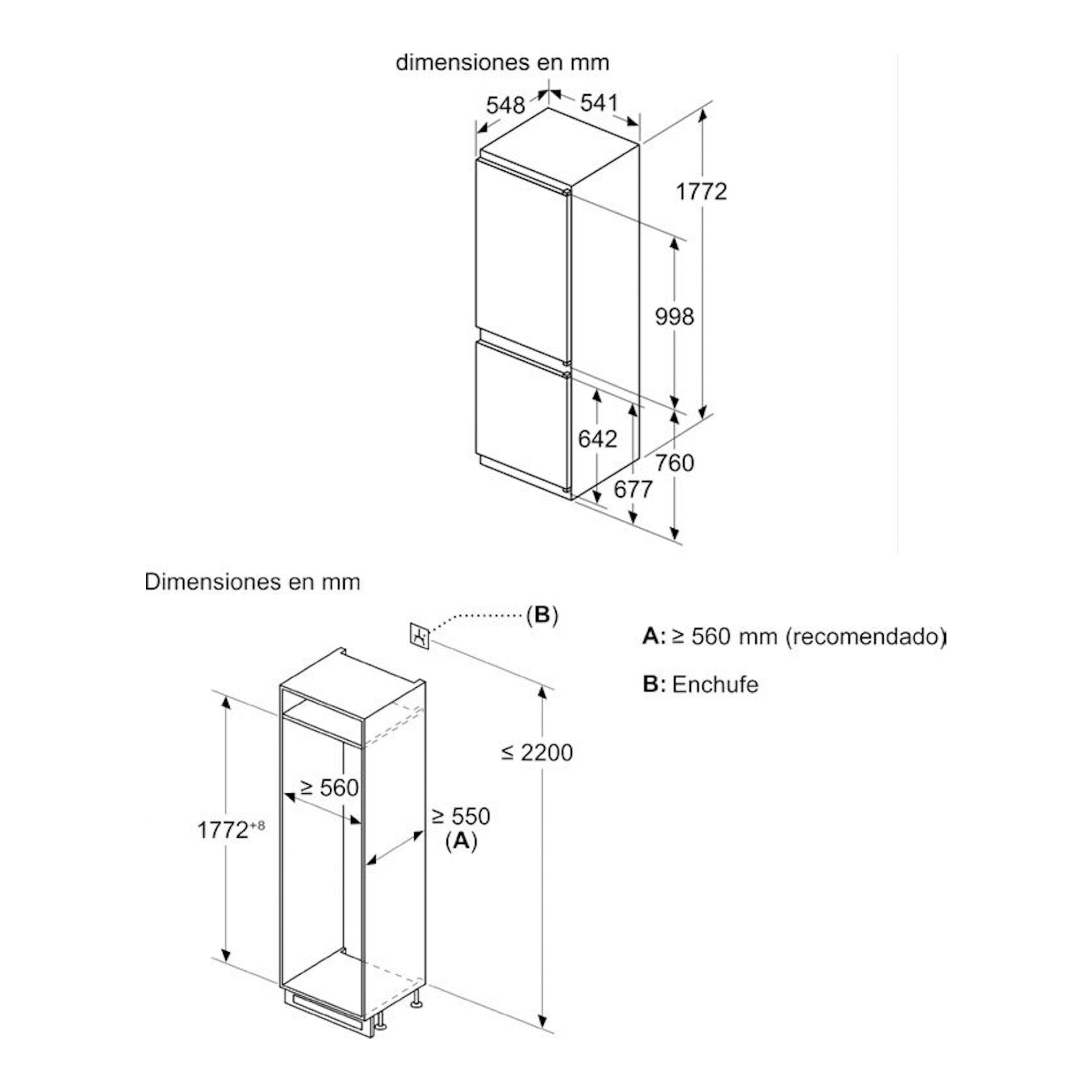 Bosch KIN86VSE0: esquema técnico del frigorífico combi integrable, vista isométrica, con medidas en mm.